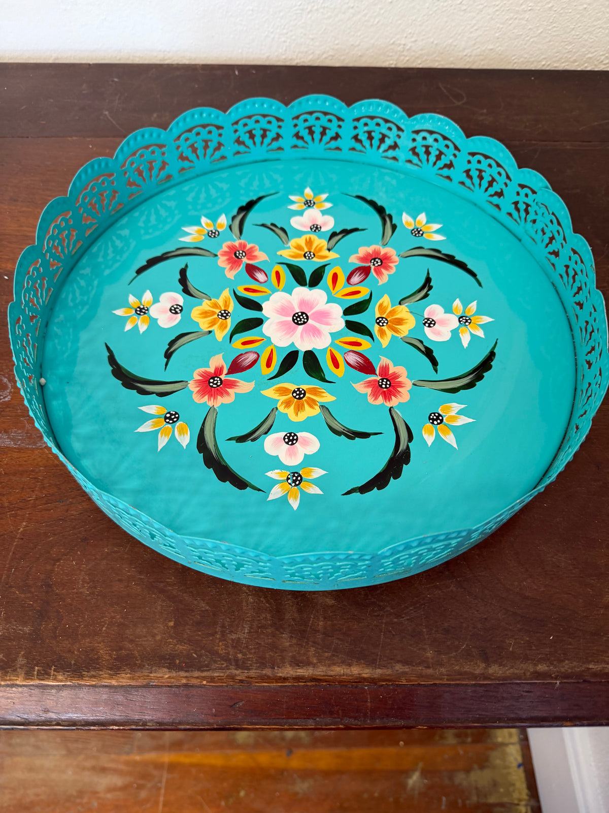Turquoise  hand-painted floral metal tray