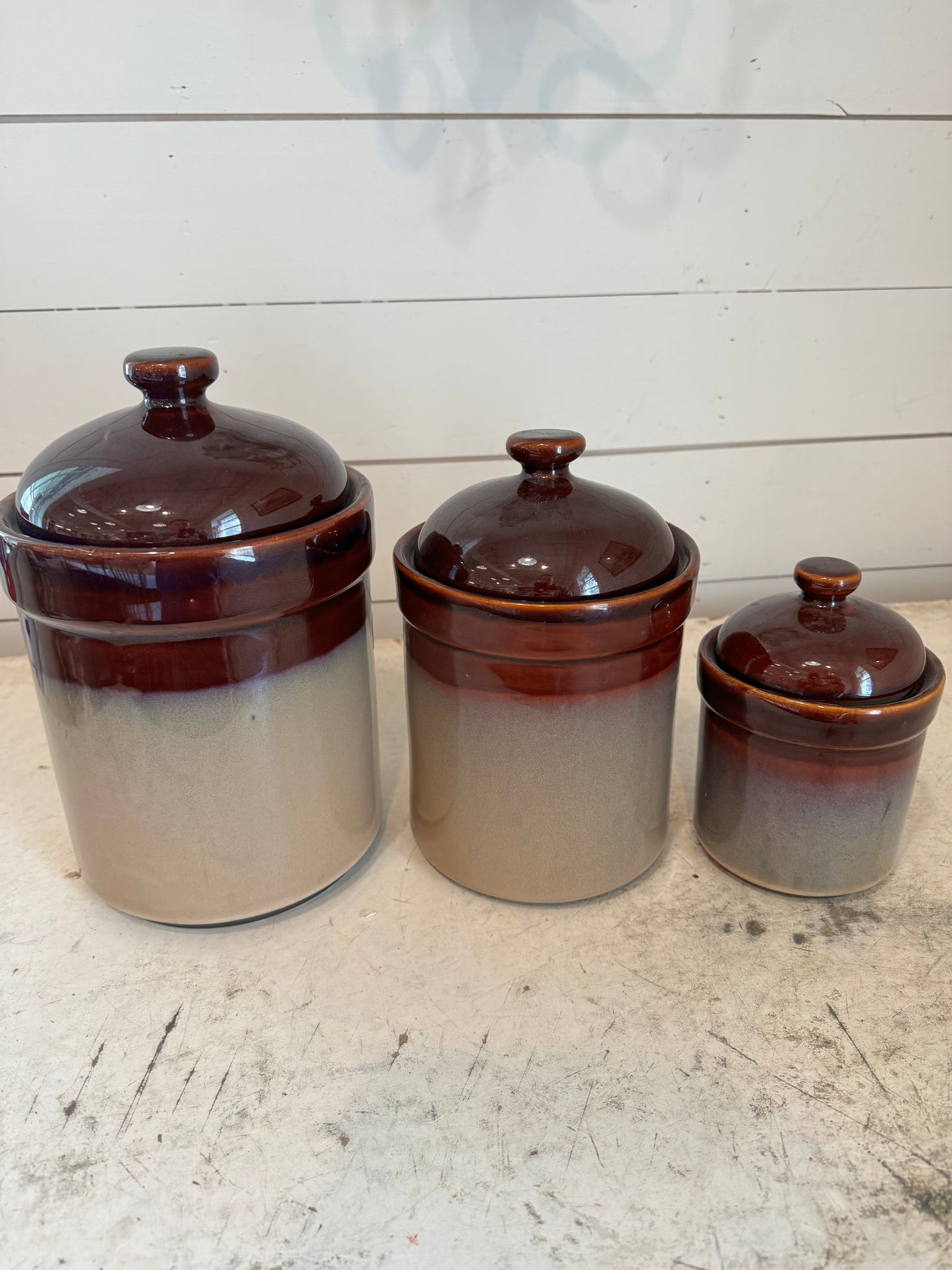 Vintage Sango Nova Brown Stoneware Canisters - Set of 3