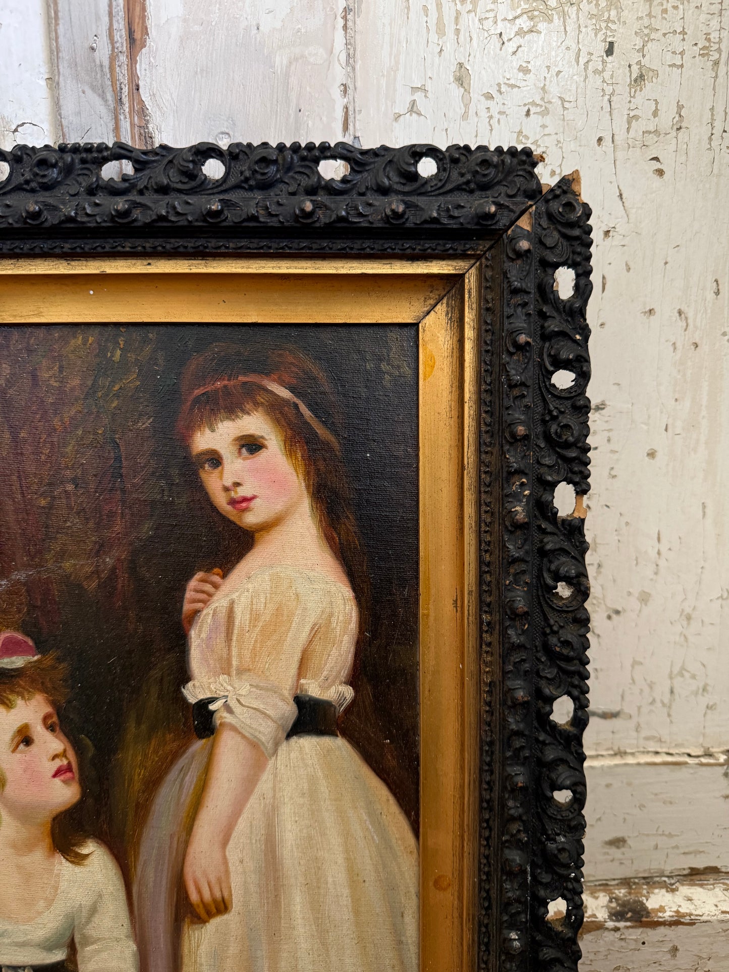 Original oil painting in the style of The Beckford Children by George Romney in Antique Frame