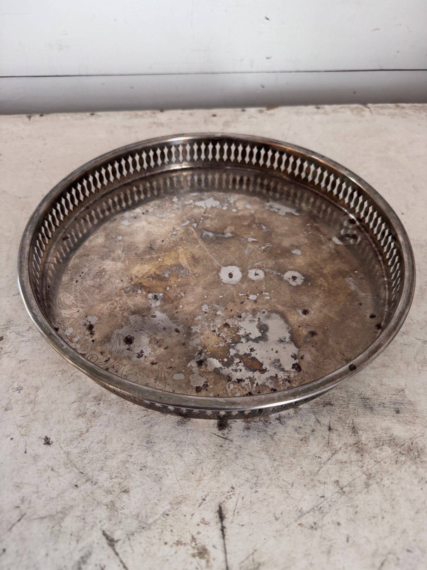 Tarnished Silver Tray with round gallery rim