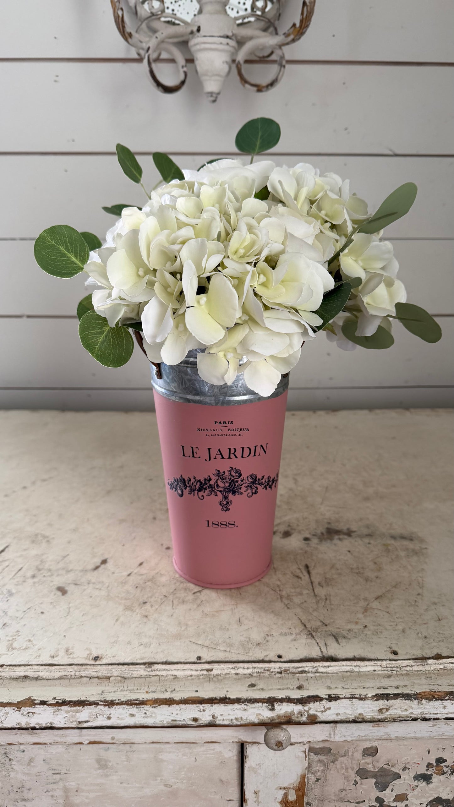 Galvanized Tin Bucket with Copper handles Painted in Veranda With a Transfer (FLORAL NOT INCLUDED)