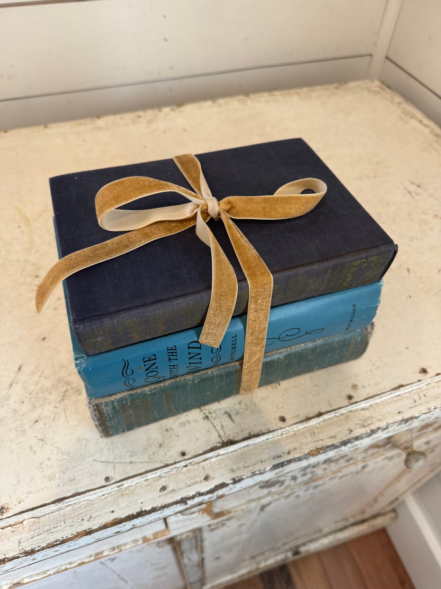 Blue Vintage Book Stack will gold  velvet ribbon