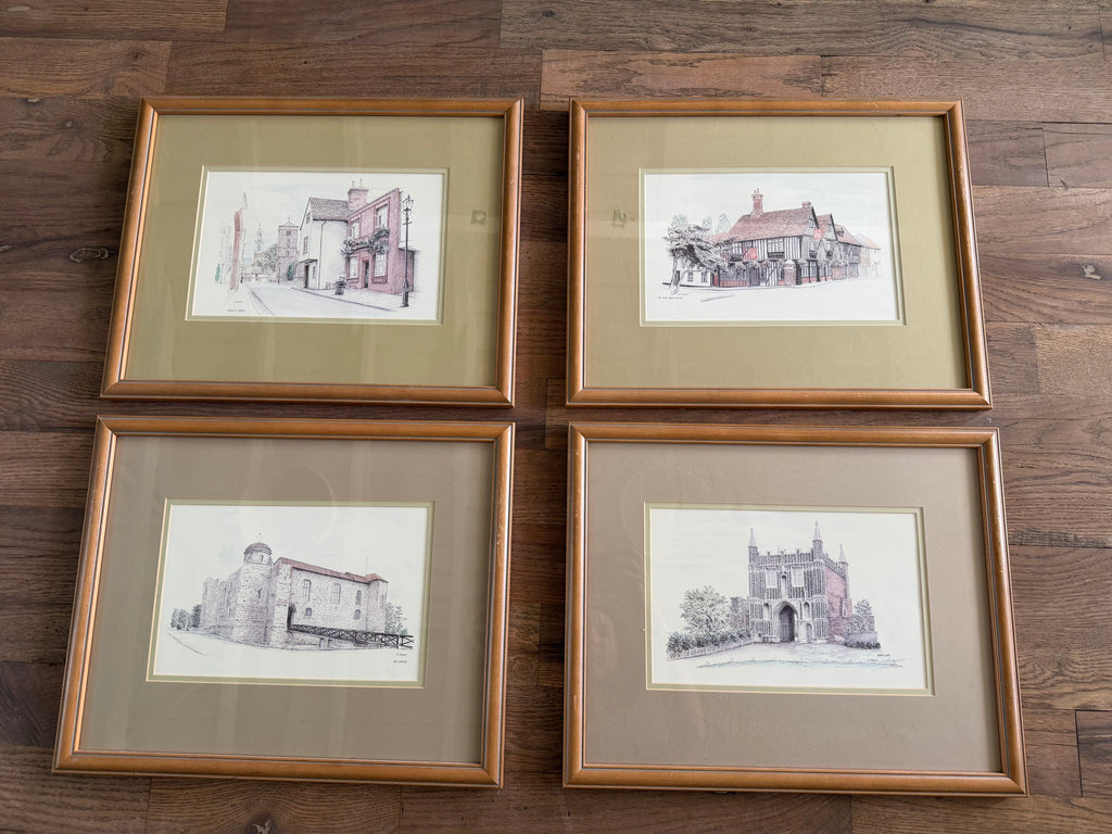Set of four historic English buildings framed and professionally matted