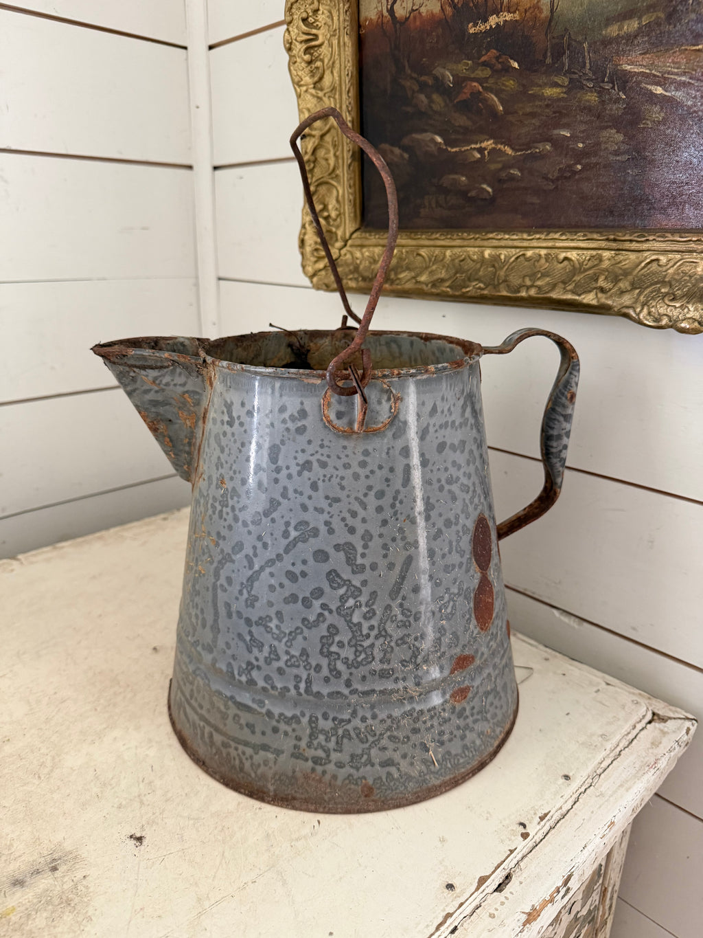 Antique Mottled Gray Graniteware enamel Coffee Pot