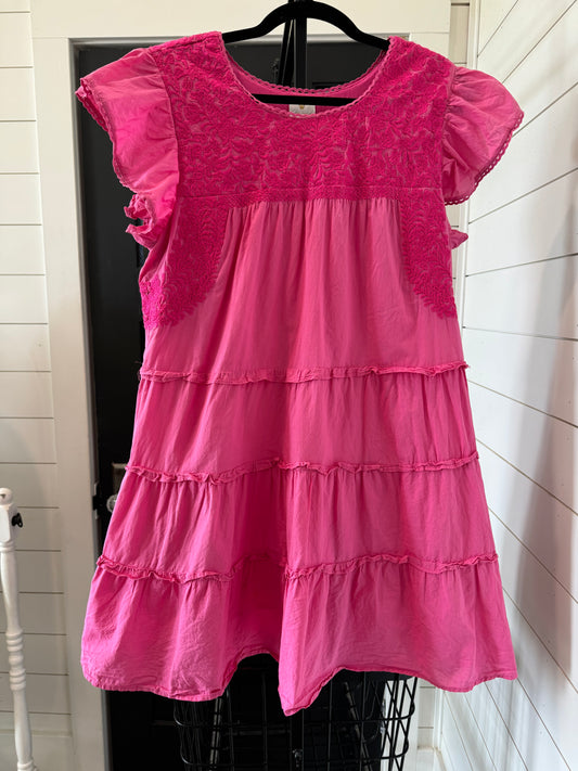 J.Marie Pink Embroidered Dress Large Built in Slip & Pockets 100% Rayon