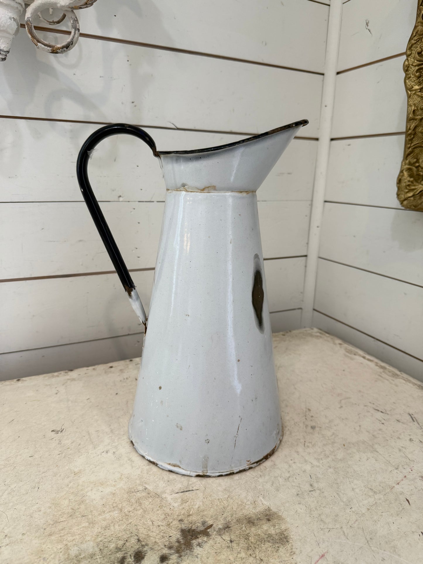 Vintage French Enamel Water Jug White with Blue Rim