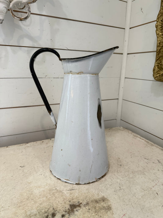 Vintage French Enamel Water Jug White with Blue Rim