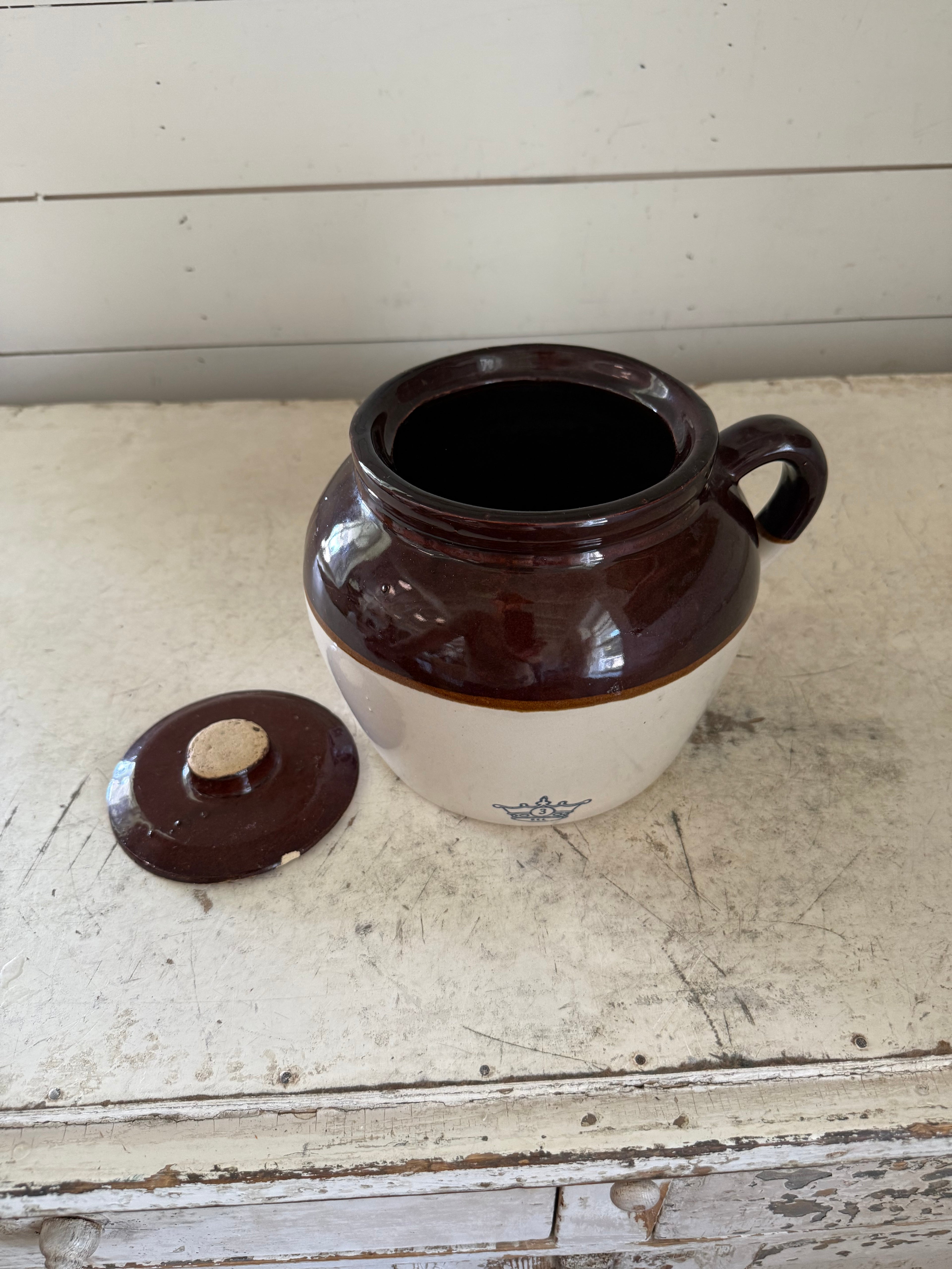 Vintage Number Three Bean Crock has small chip in lid