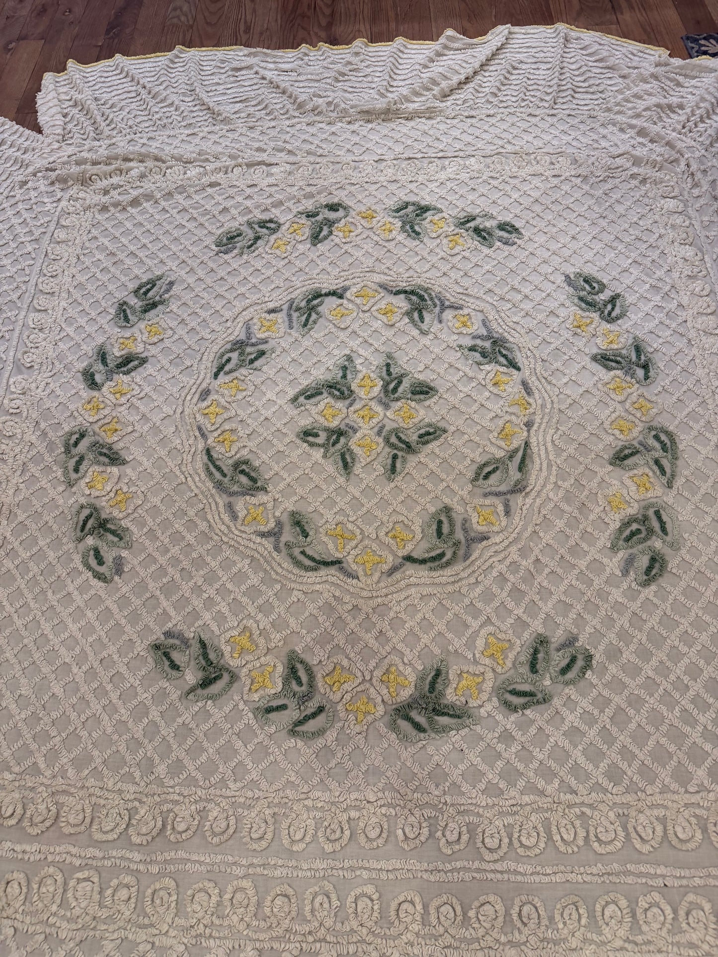 Vintage Queen Chenille Beadspread has light stains and wear as shown