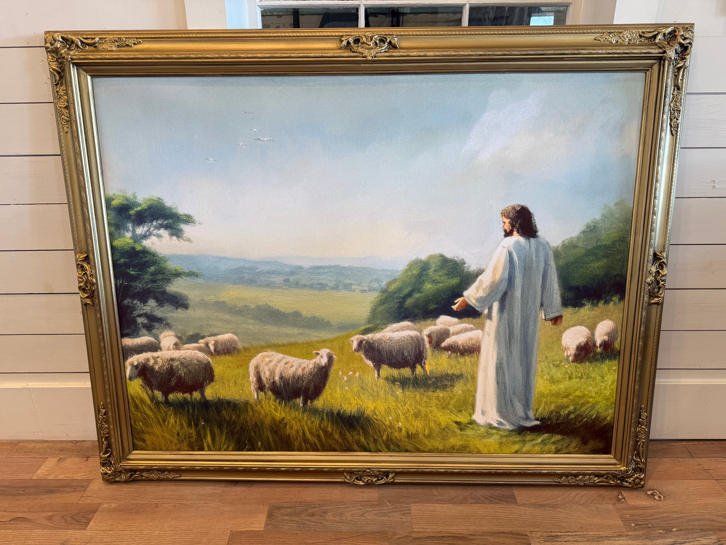 Jesus and sheep - oversized canvas in gold frame 43-1/2” x 56”