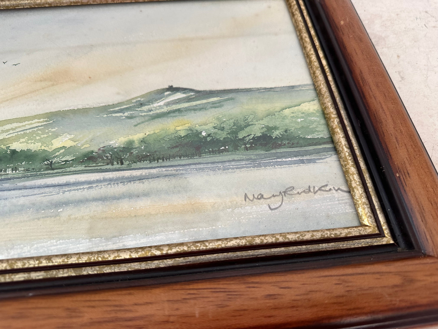 Original Watercolor Lake with Mountains by May Rudkin Framed