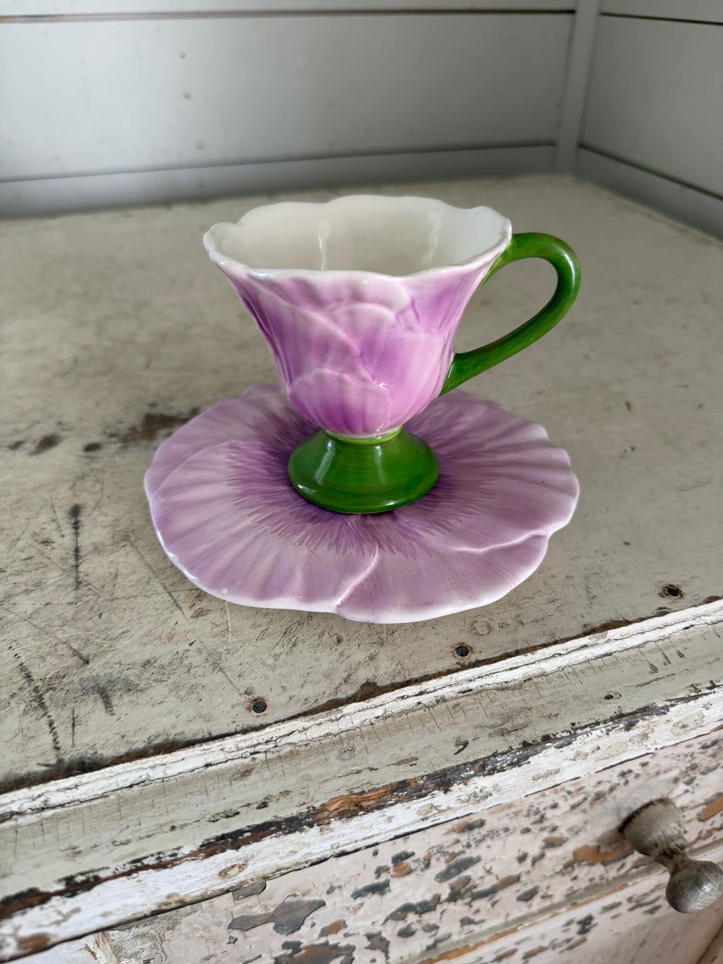 Vintage Teleflora Whimsical Purple Violet Flower Teacup and Saucer as is small chip in saucer