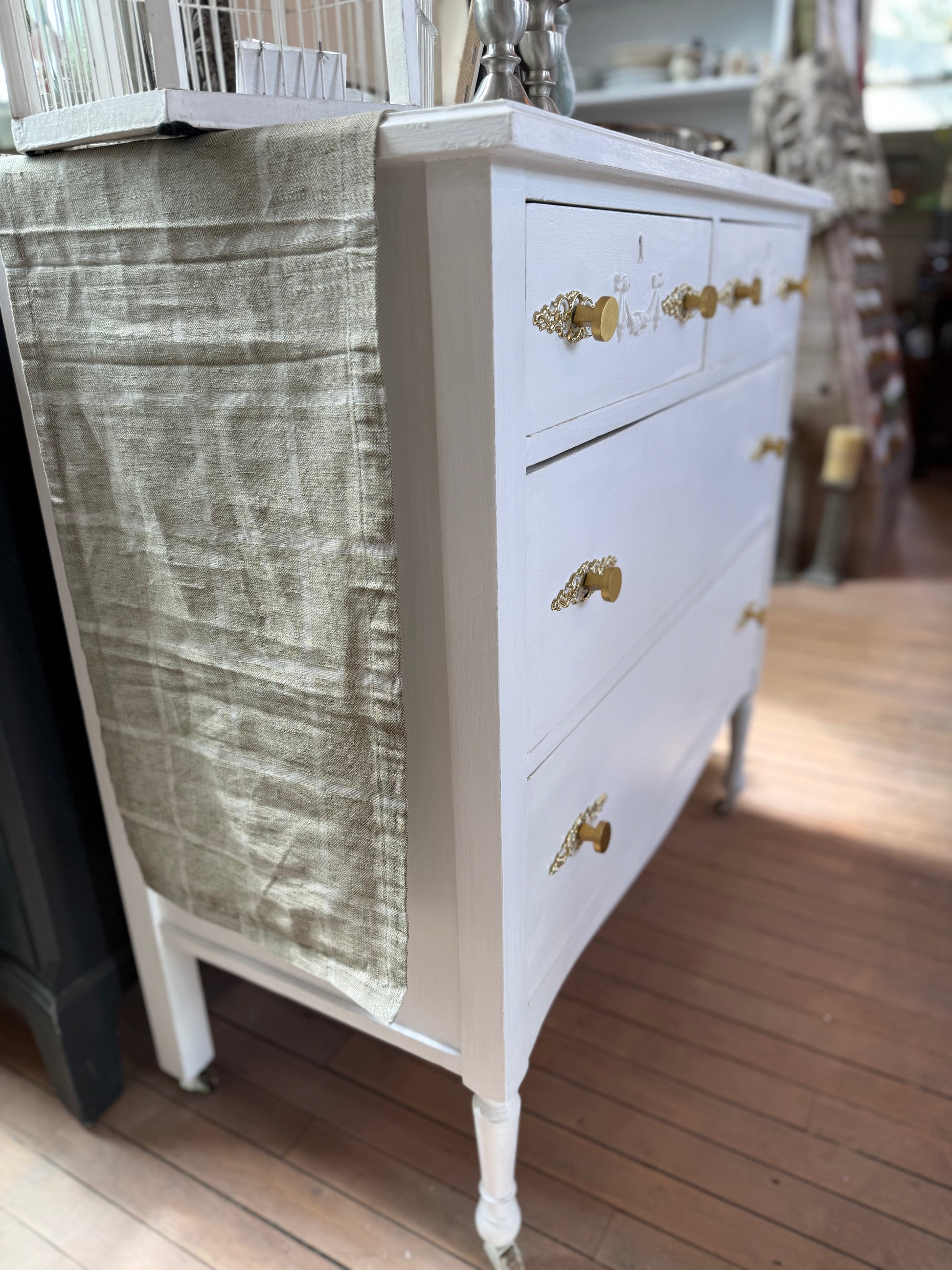 Antique Dresser - Shabby Chic White Linen with Vintage Gold Hardware Antique Dresser - Shabby Chic White Linen with Vintage Gold Hardware