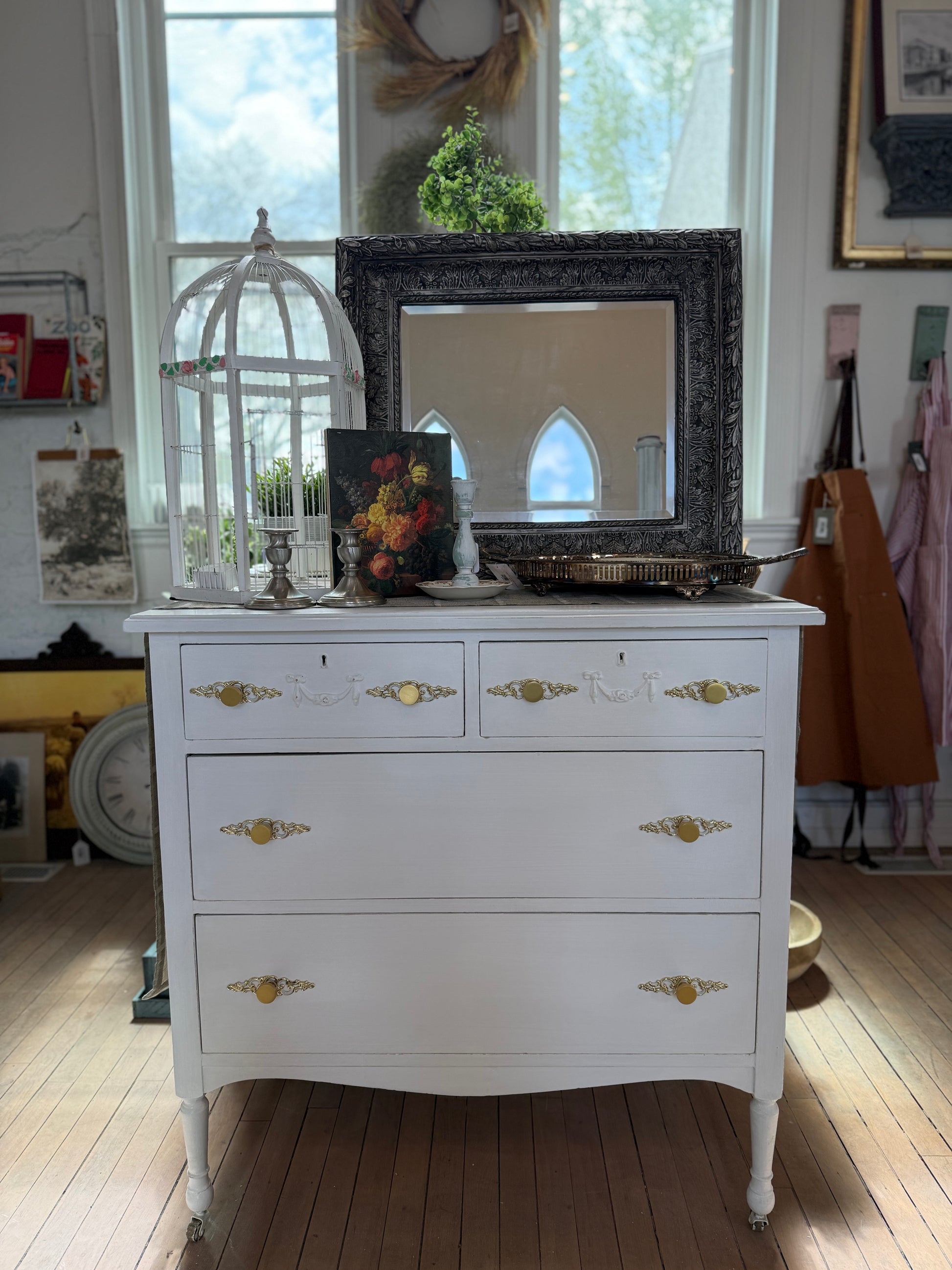 Antique Dresser - Shabby Chic White Linen with Vintage Gold Hardware Antique Dresser - Shabby Chic White Linen with Vintage Gold Hardware