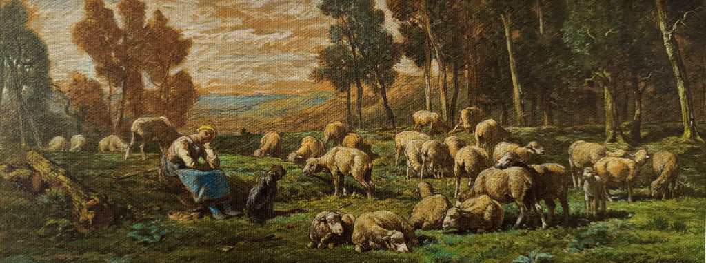 Framed canvas Print Pastoral Sheep In Field With Girl