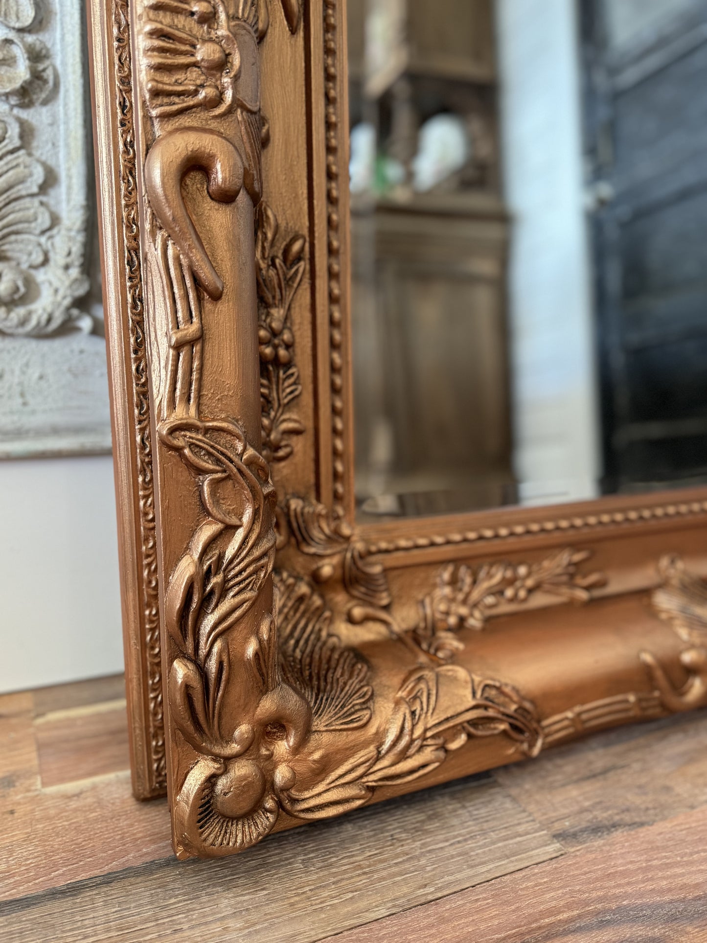 Oversized Copper Beveled Mirror with wood frame