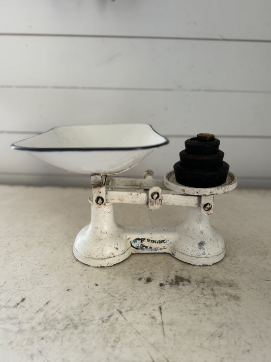 White Vintage Scale with weights and enamel bowl