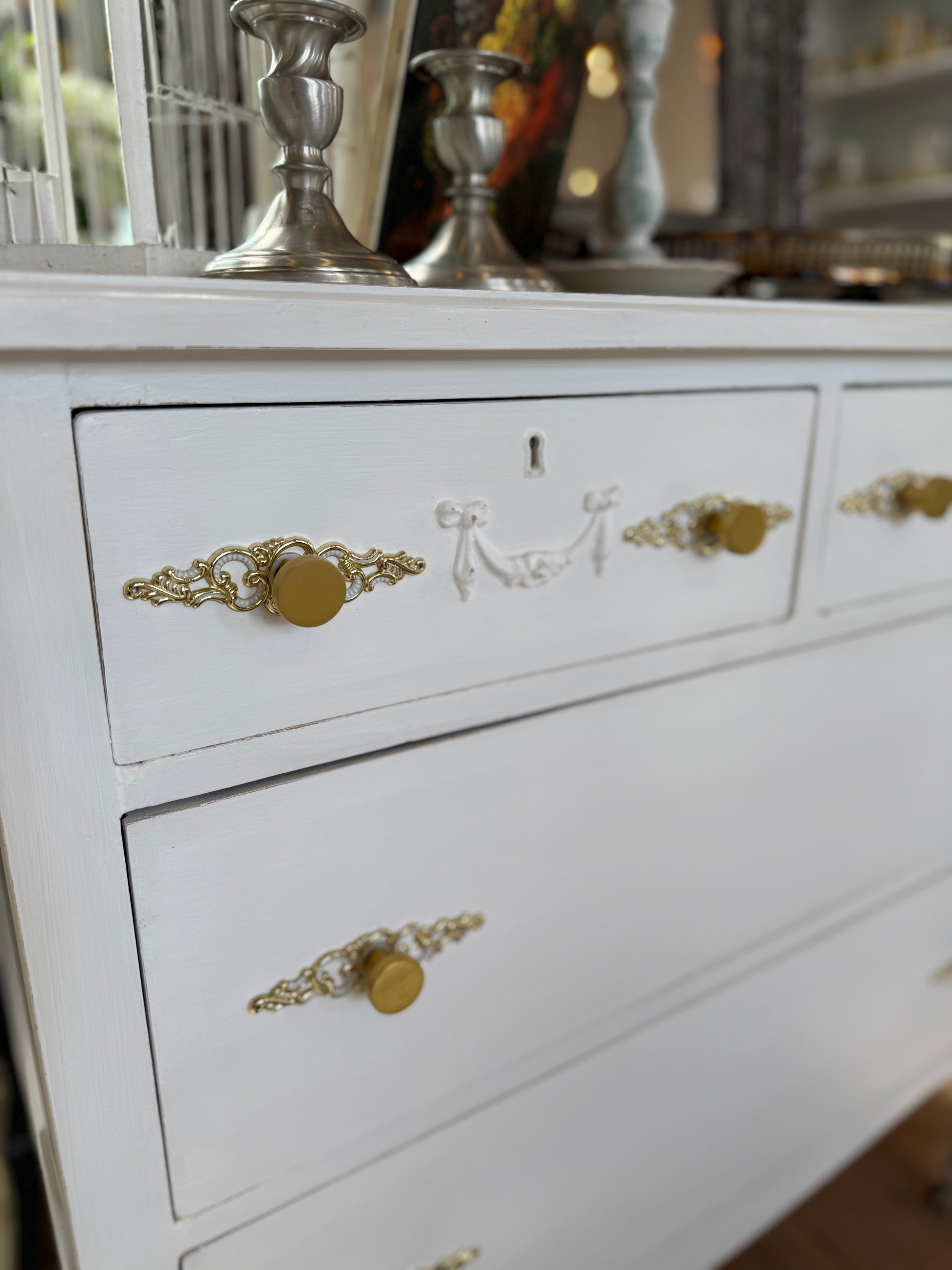 Antique Dresser - Shabby Chic White Linen with Vintage Gold Hardware Antique Dresser - Shabby Chic White Linen with Vintage Gold Hardware