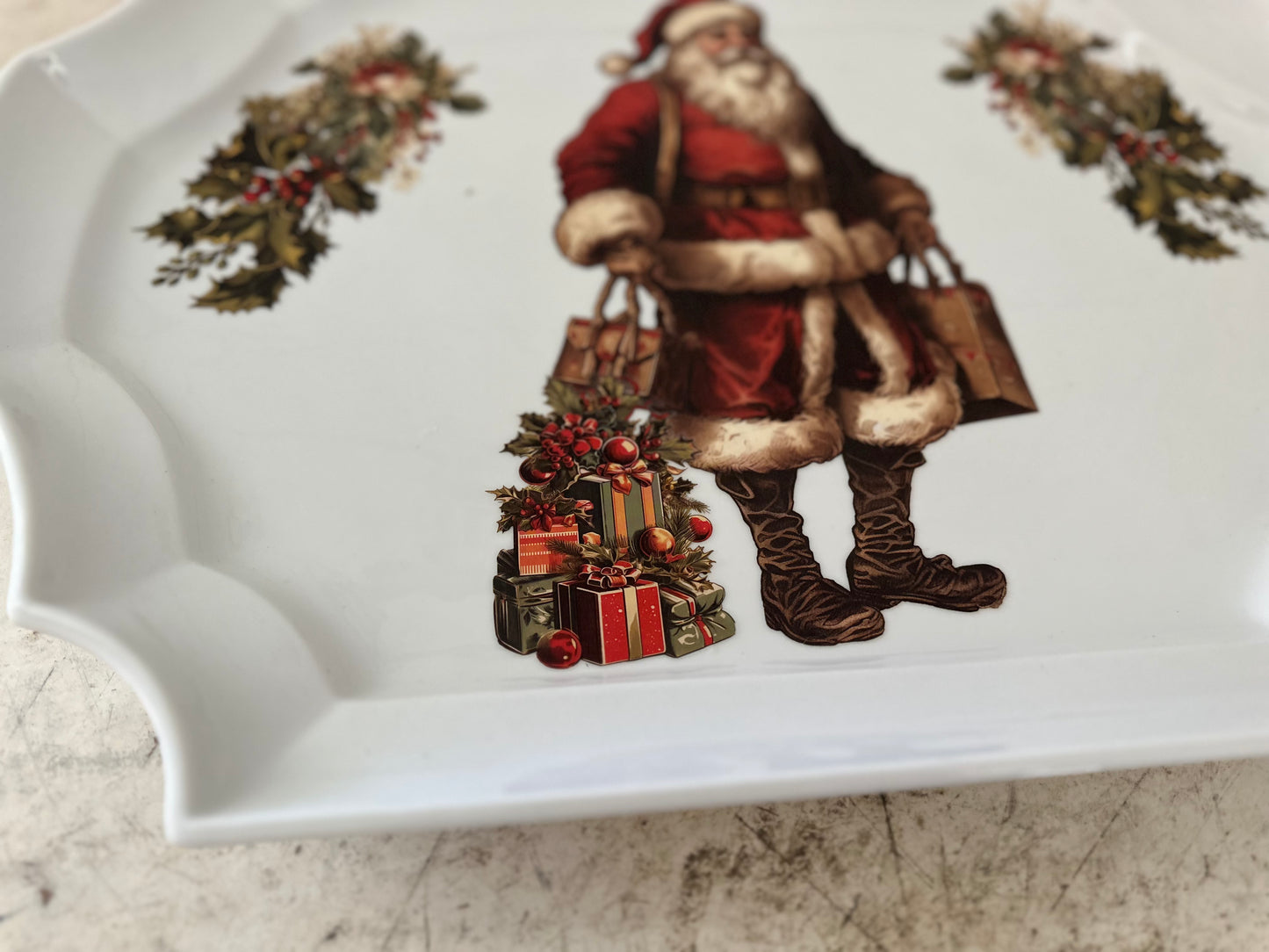 White Ceramic Santa Christmas Platter - For Decor