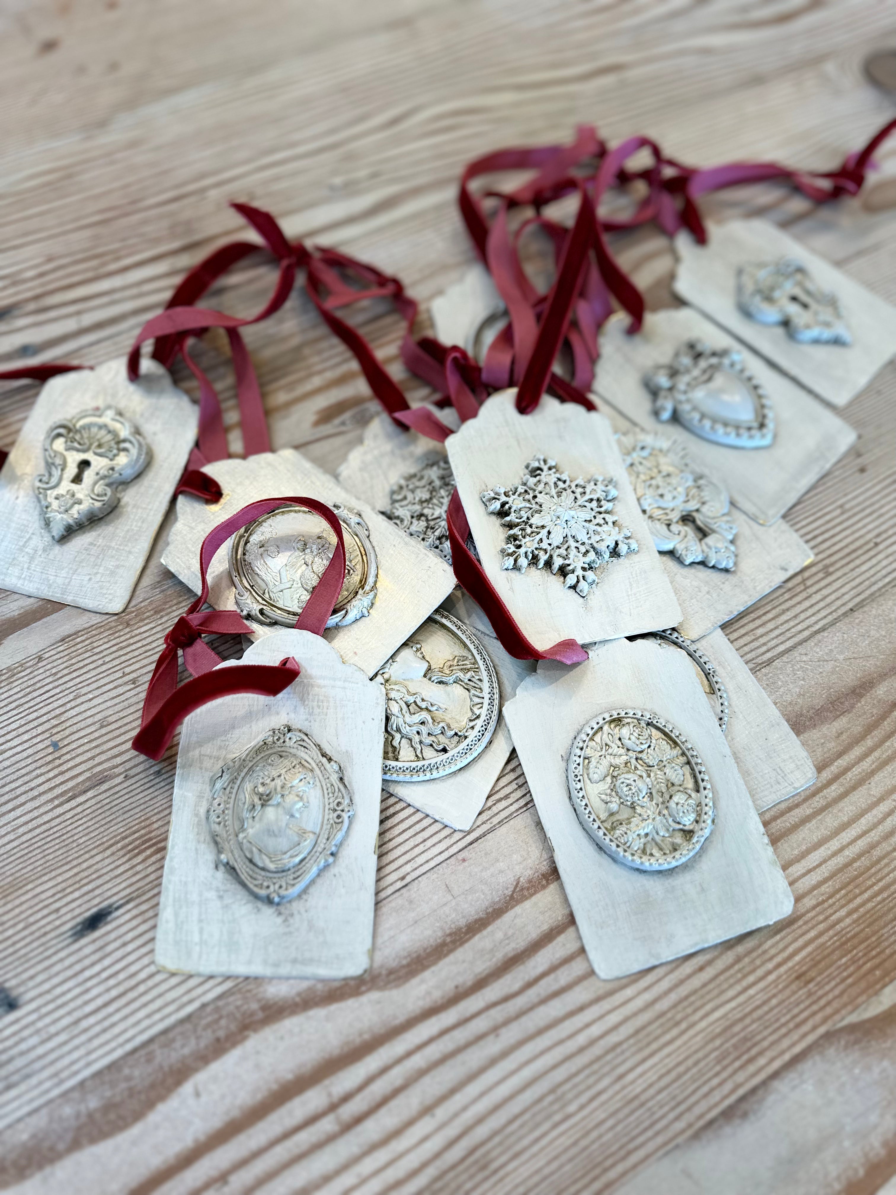 Handpainted Brass Appliqué Christmas Tag Ornaments