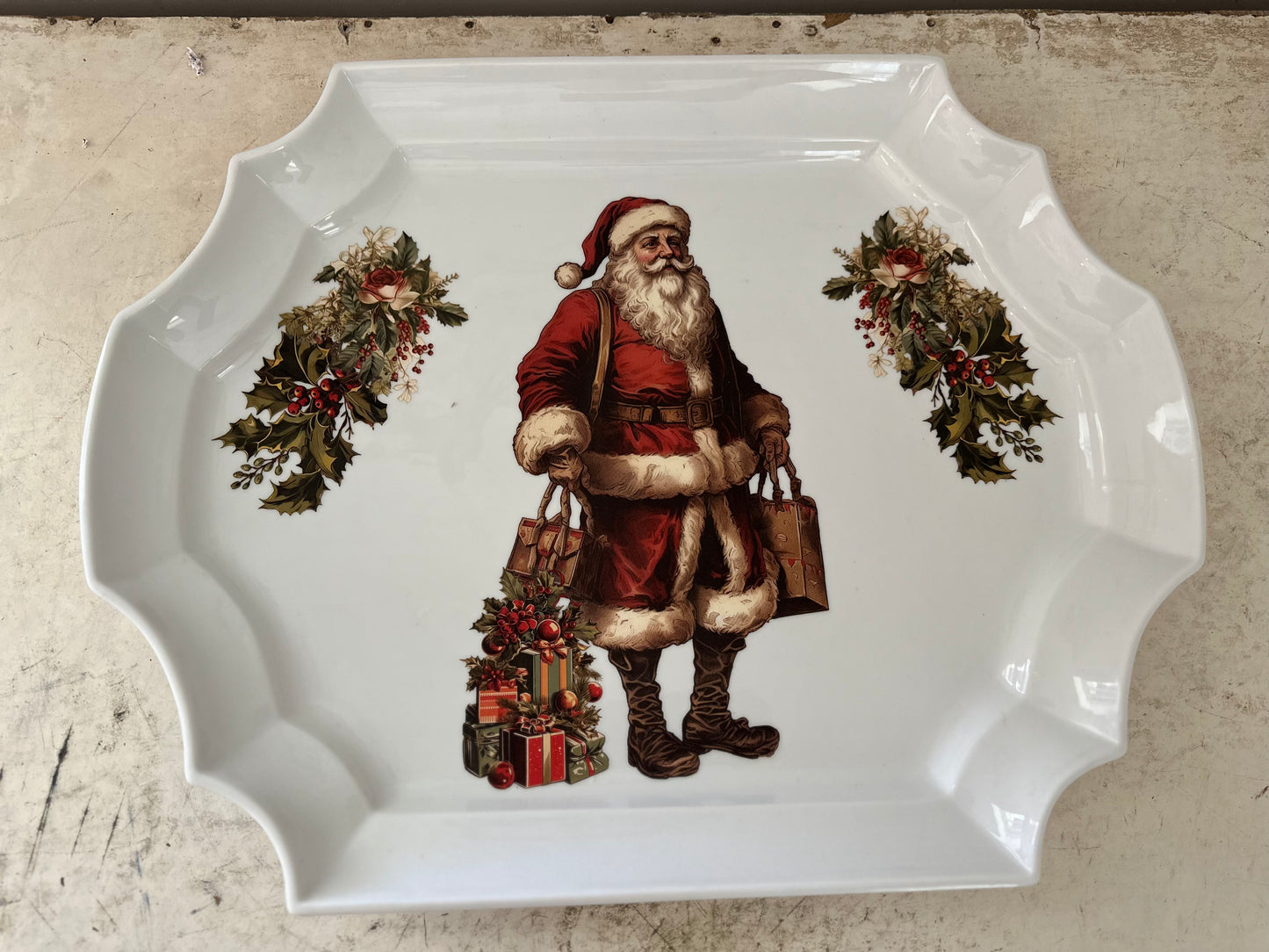 White Ceramic Santa Christmas Platter - For Decor