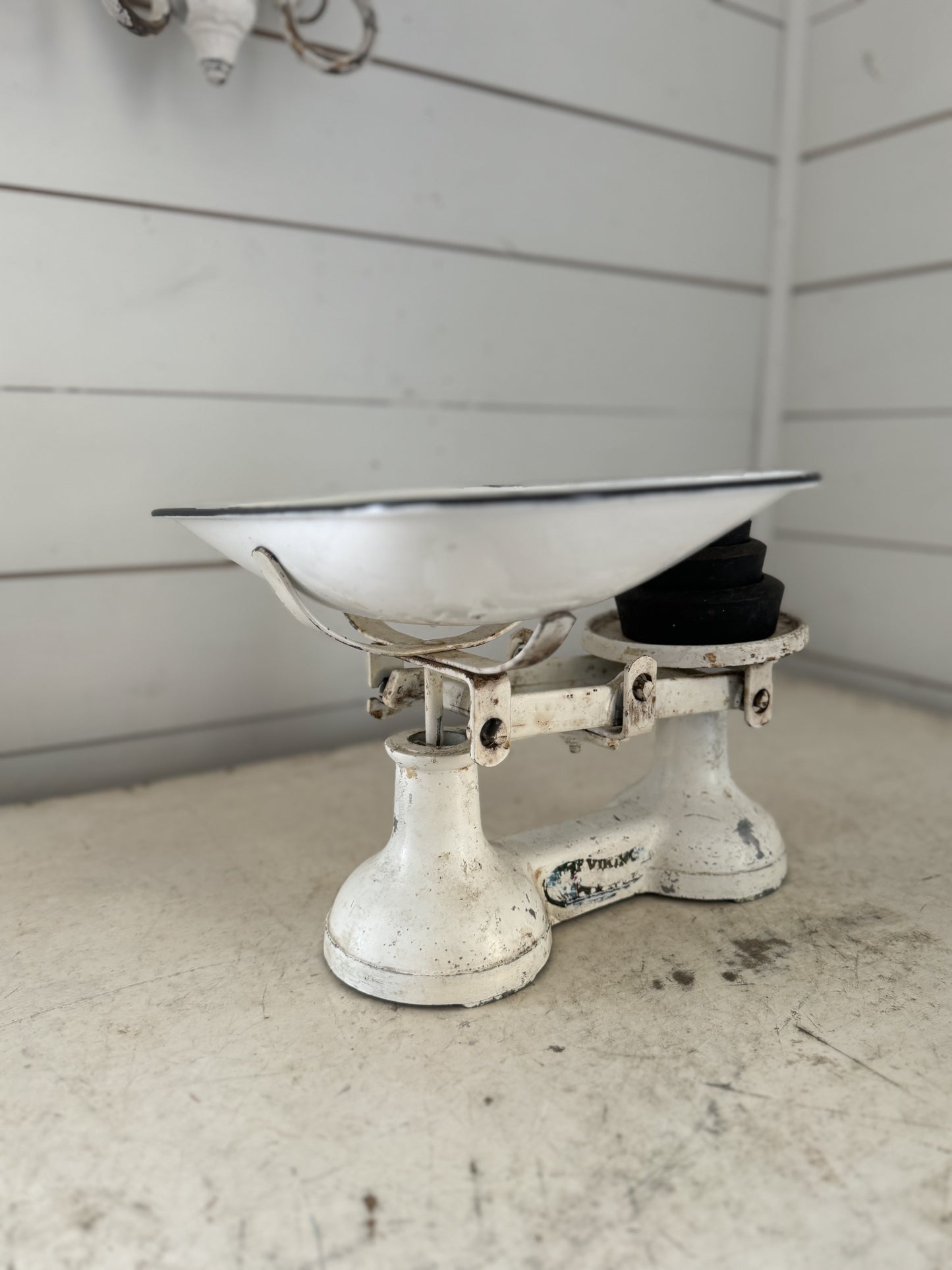 White Vintage Scale with weights and enamel bowl