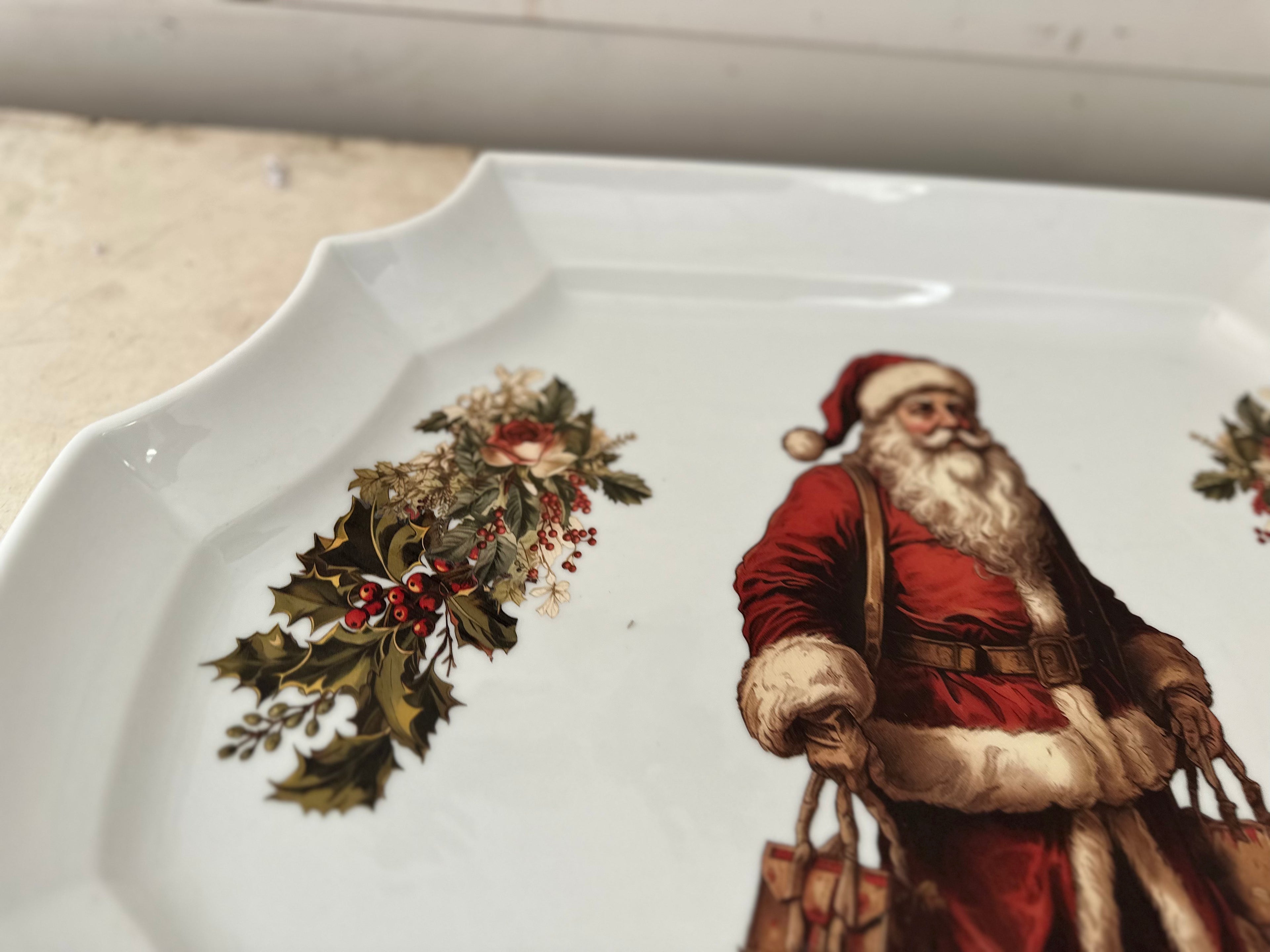 White Ceramic Santa Christmas Platter - For Decor