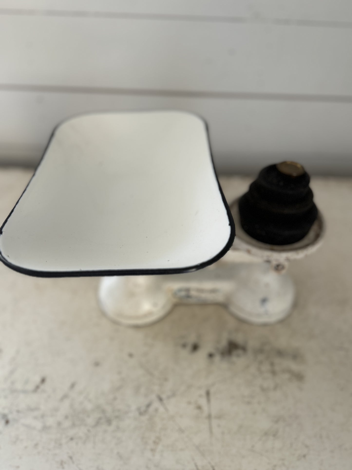 White Vintage Scale with weights and enamel bowl