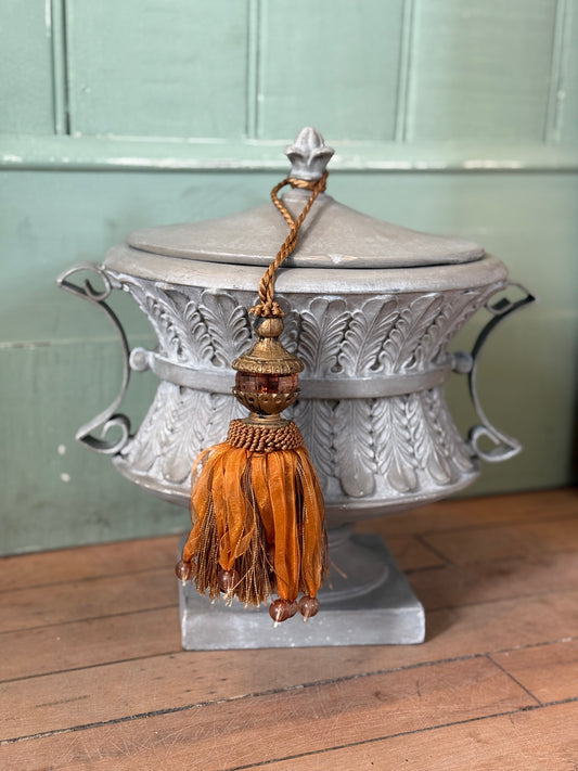 Ornate resin urn with lid - hand painted  12” tall
