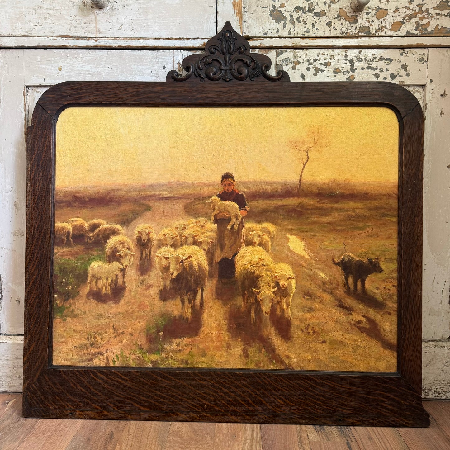 Antique wooden frame with pastoral sheep canvas