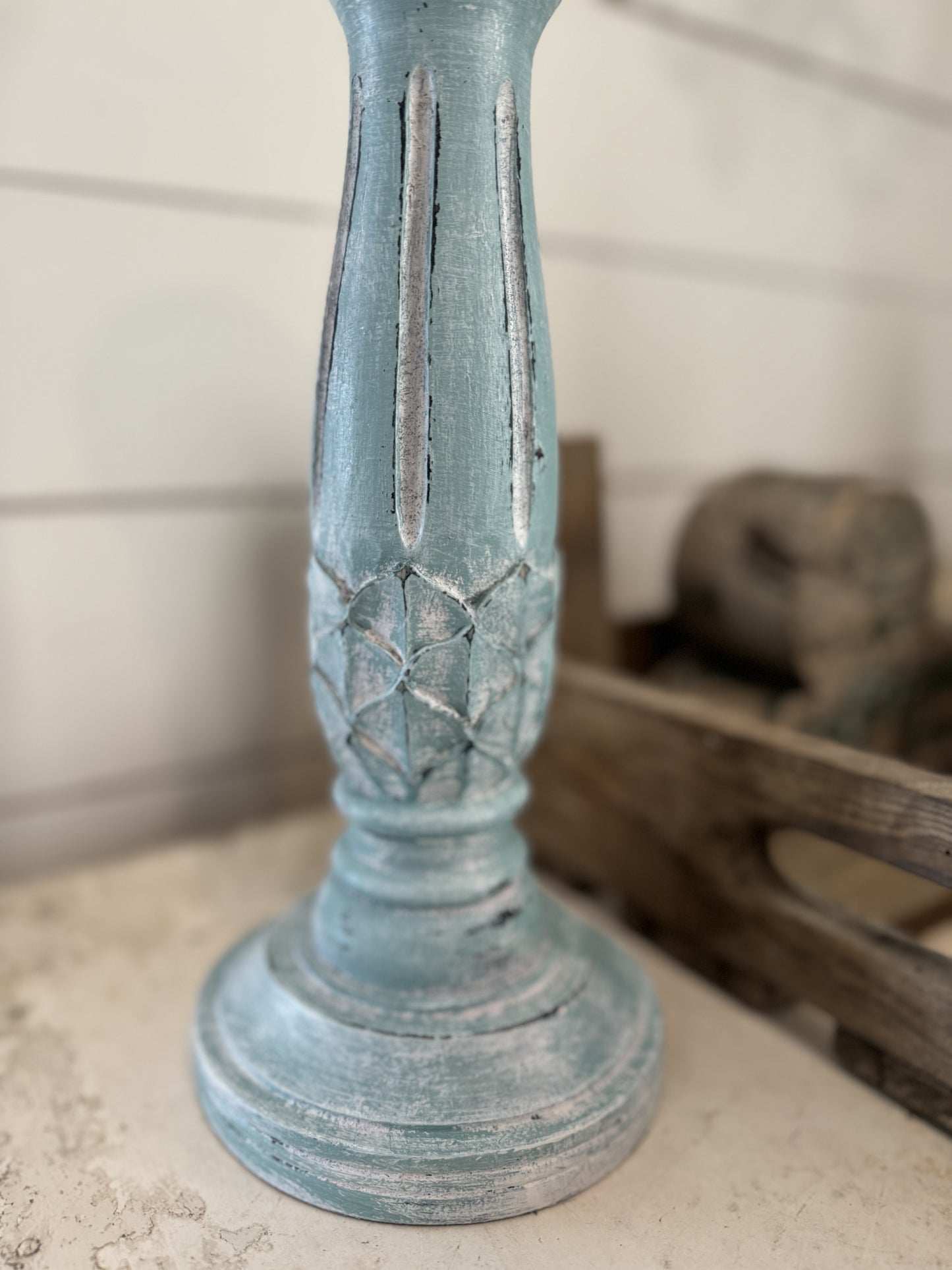 Chippy Carved Candlestick - hand painted