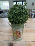 Artificial boxwood topiary in painted metal flower bucket