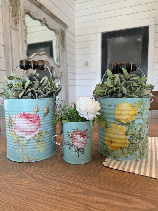 Handmade Tin Can Buckets & mini pitcher sold individually - floral not included - for decor