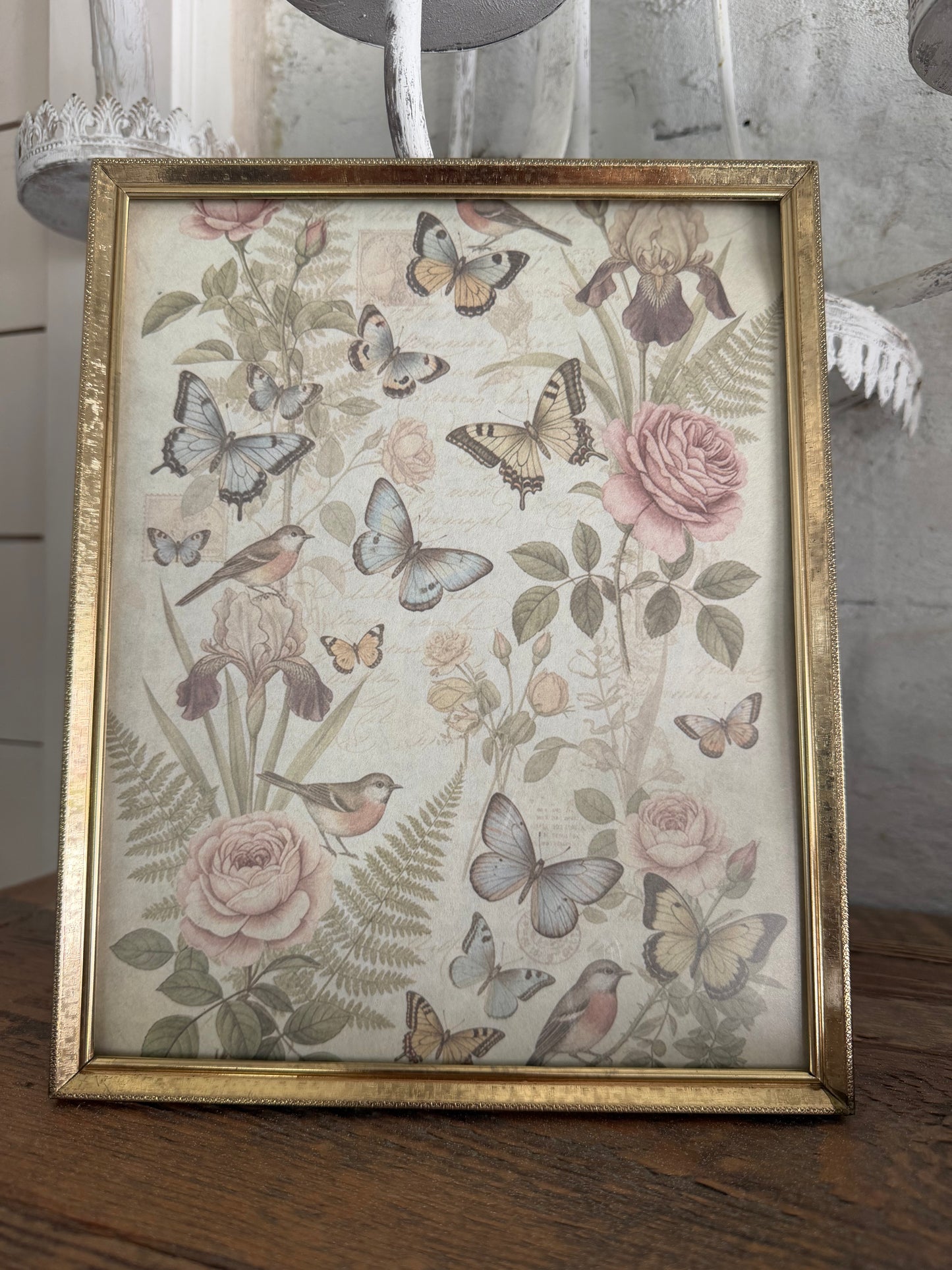 8x10 Brass Frame with butterfly ephemera art