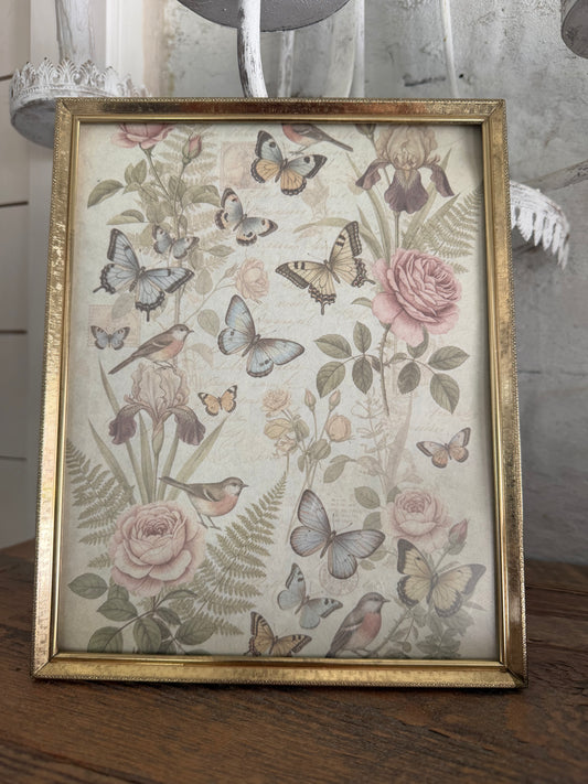 8x10 Brass Frame with butterfly ephemera art