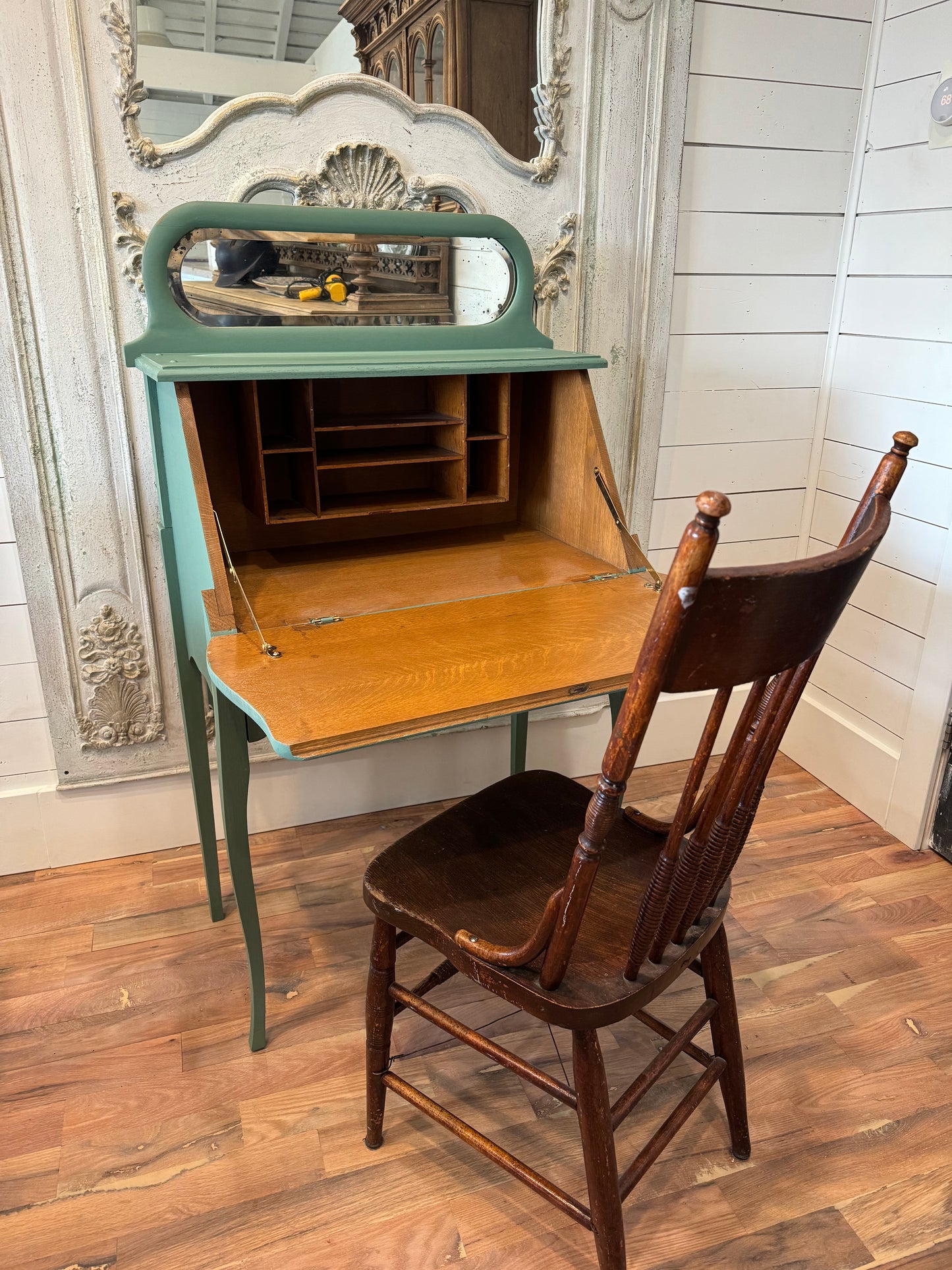 Antique Secretary Desk with Mirror - Hand Painted