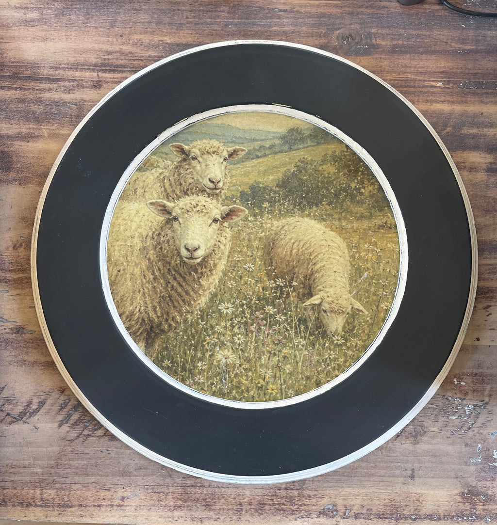 Black Round Wood Frame with Sheep