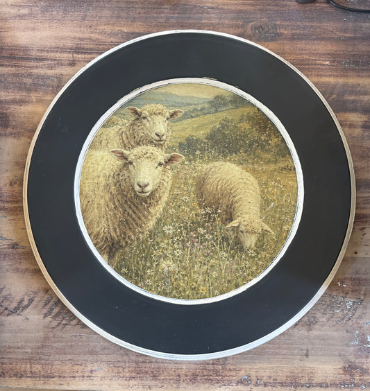 Black Round Wood Frame with Sheep
