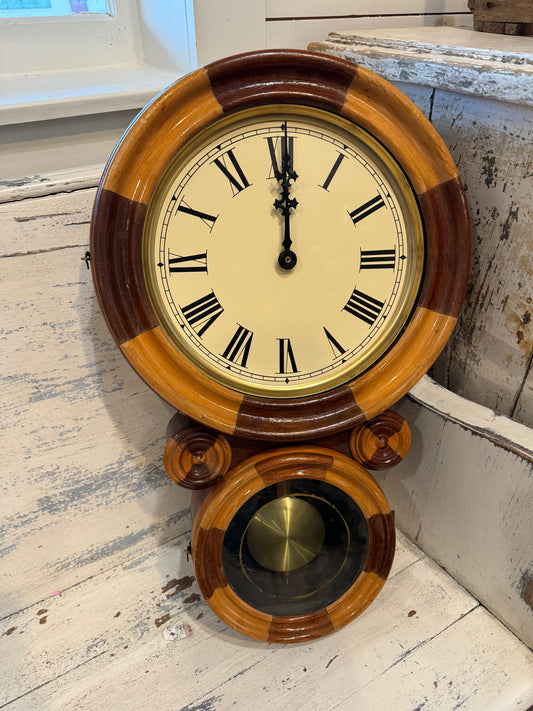 Antique Oak Wall Clock 1861 Ingraham Iconic 8 Day Key Wind Time Strike Working  - Has modern clock mechanism sold as is missing glass in top