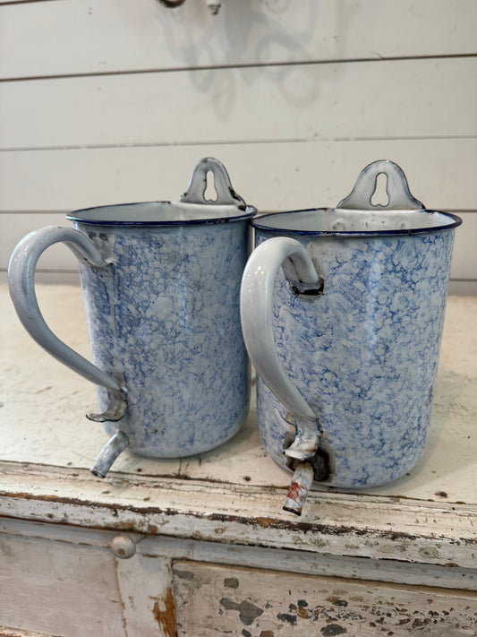 Antique French enamel blue and white measuring can with spout - sold individually 2Liter