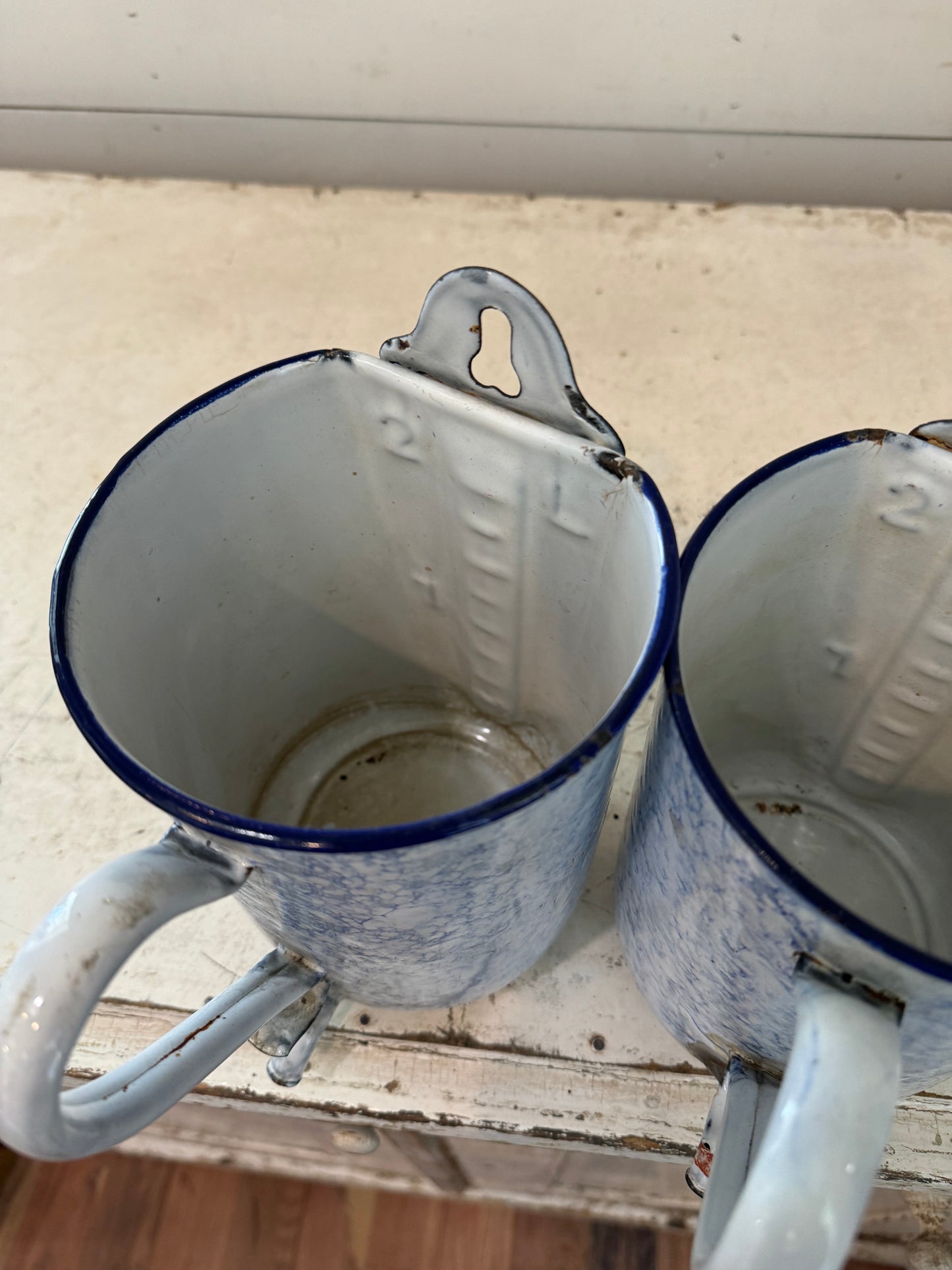 Antique French enamel blue and white measuring can with spout - sold individually 2Liter