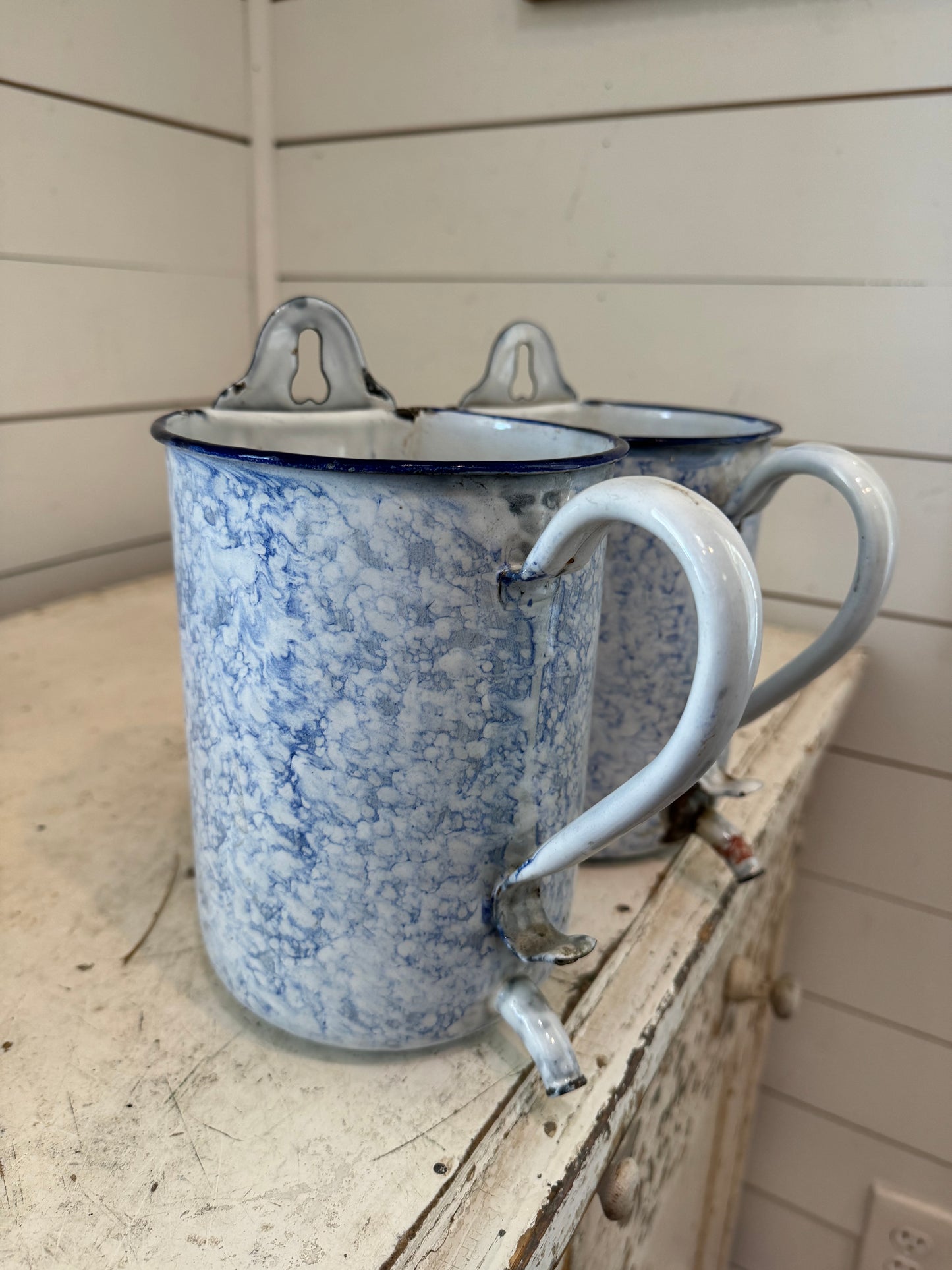 Antique French enamel blue and white measuring can with spout - sold individually 2Liter