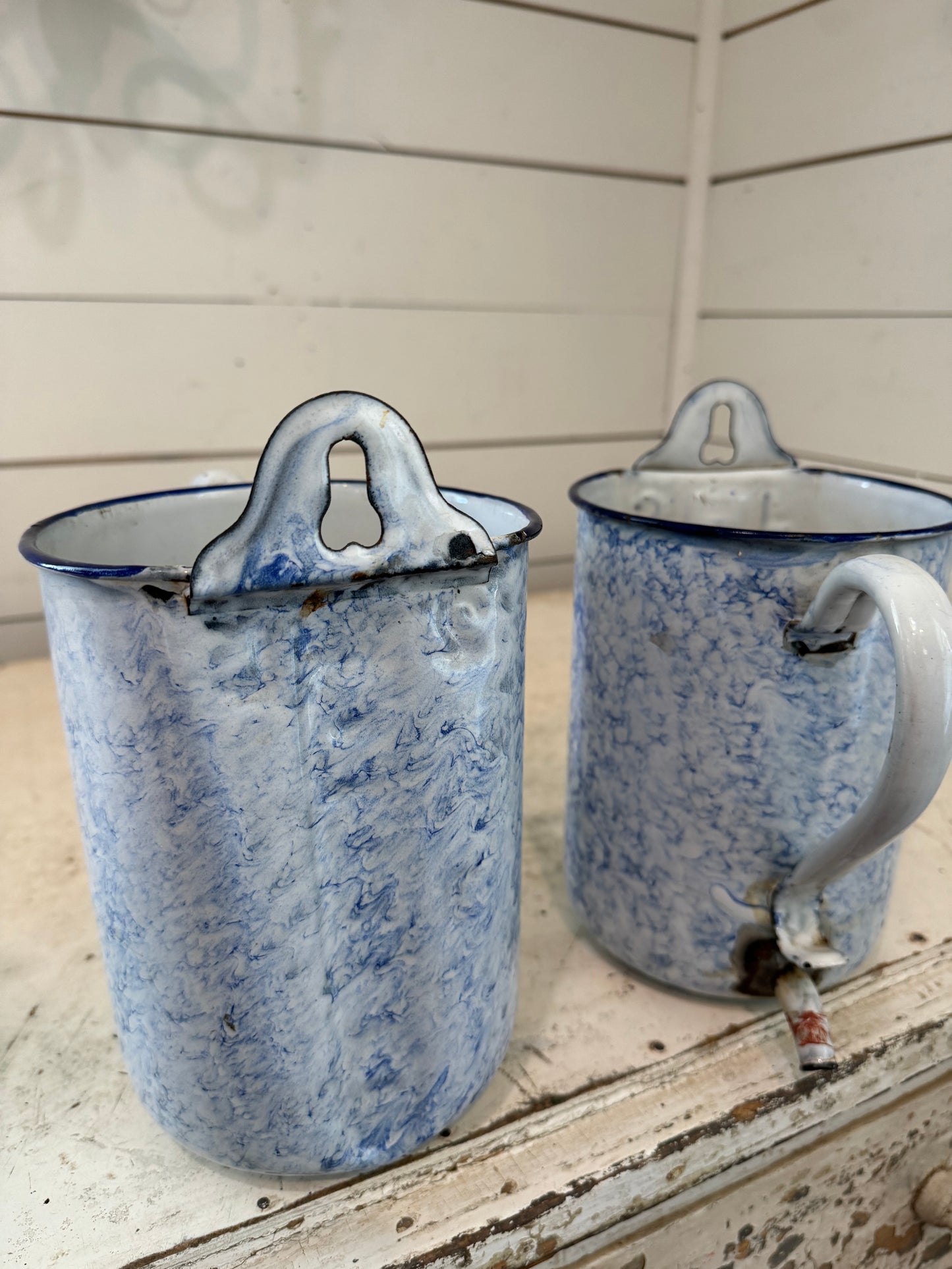 Antique French enamel blue and white measuring can with spout - sold individually 2Liter