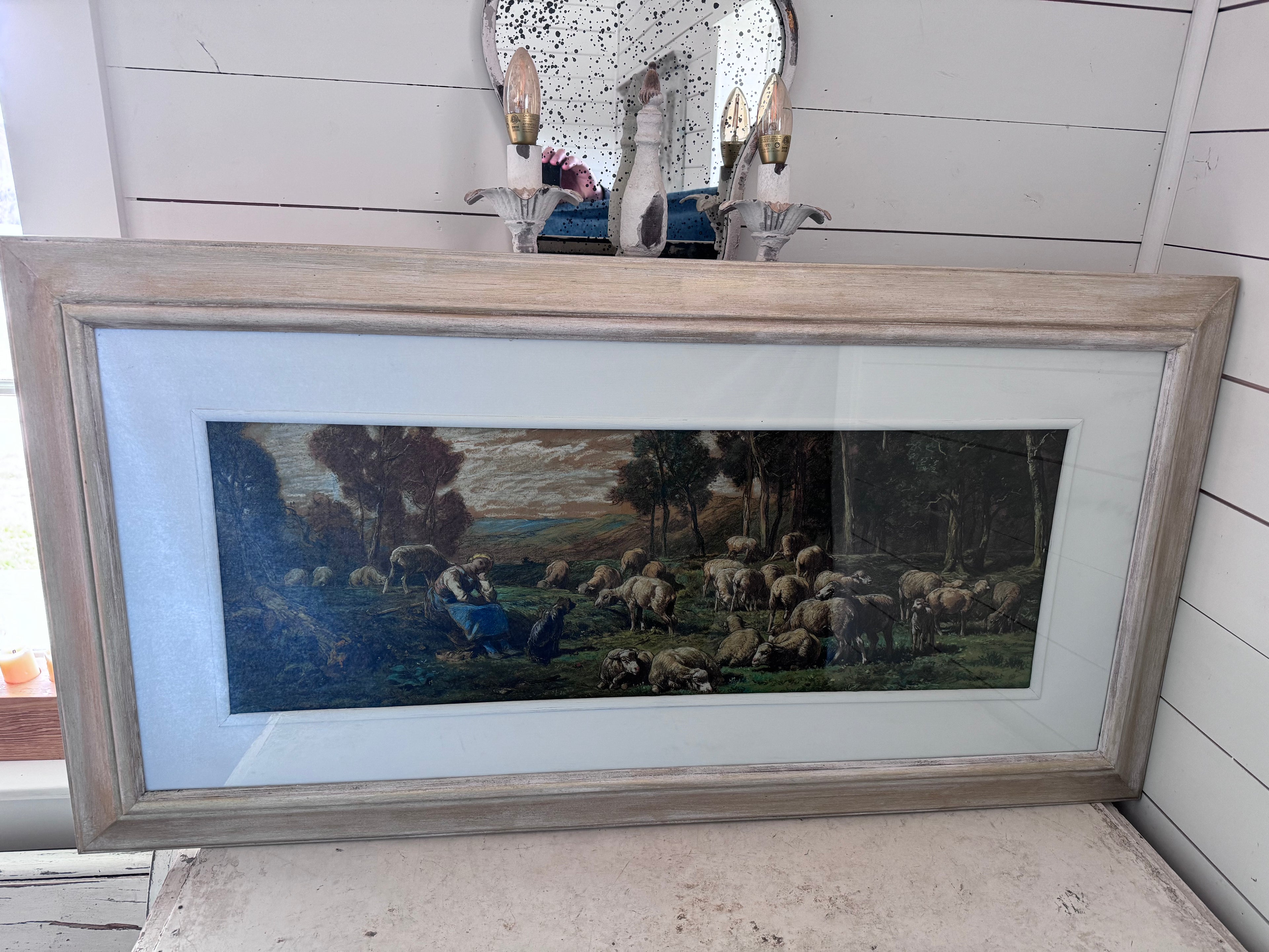 Framed canvas Print Pastoral Sheep In Field With Girl
