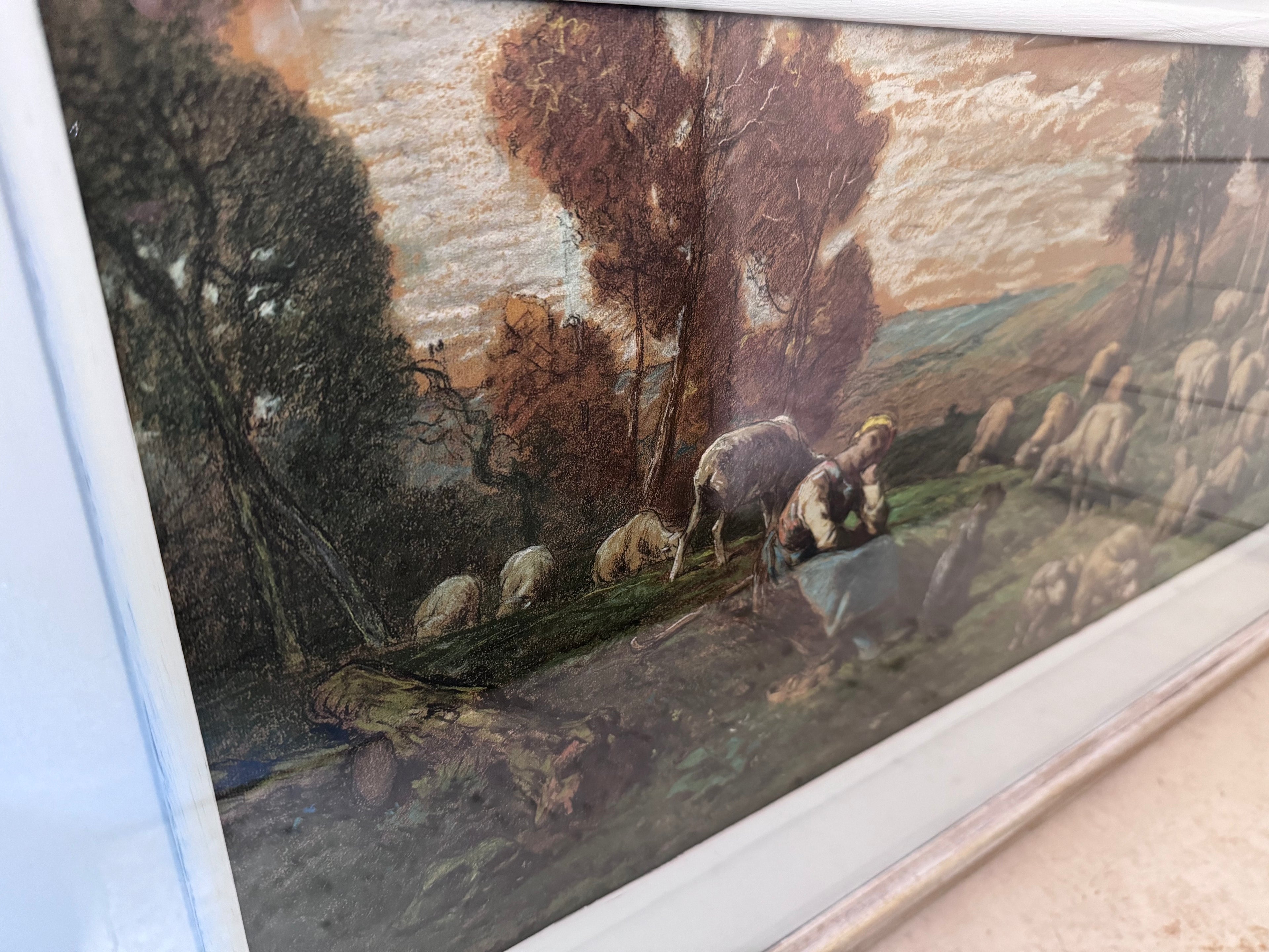 Framed canvas Print Pastoral Sheep In Field With Girl