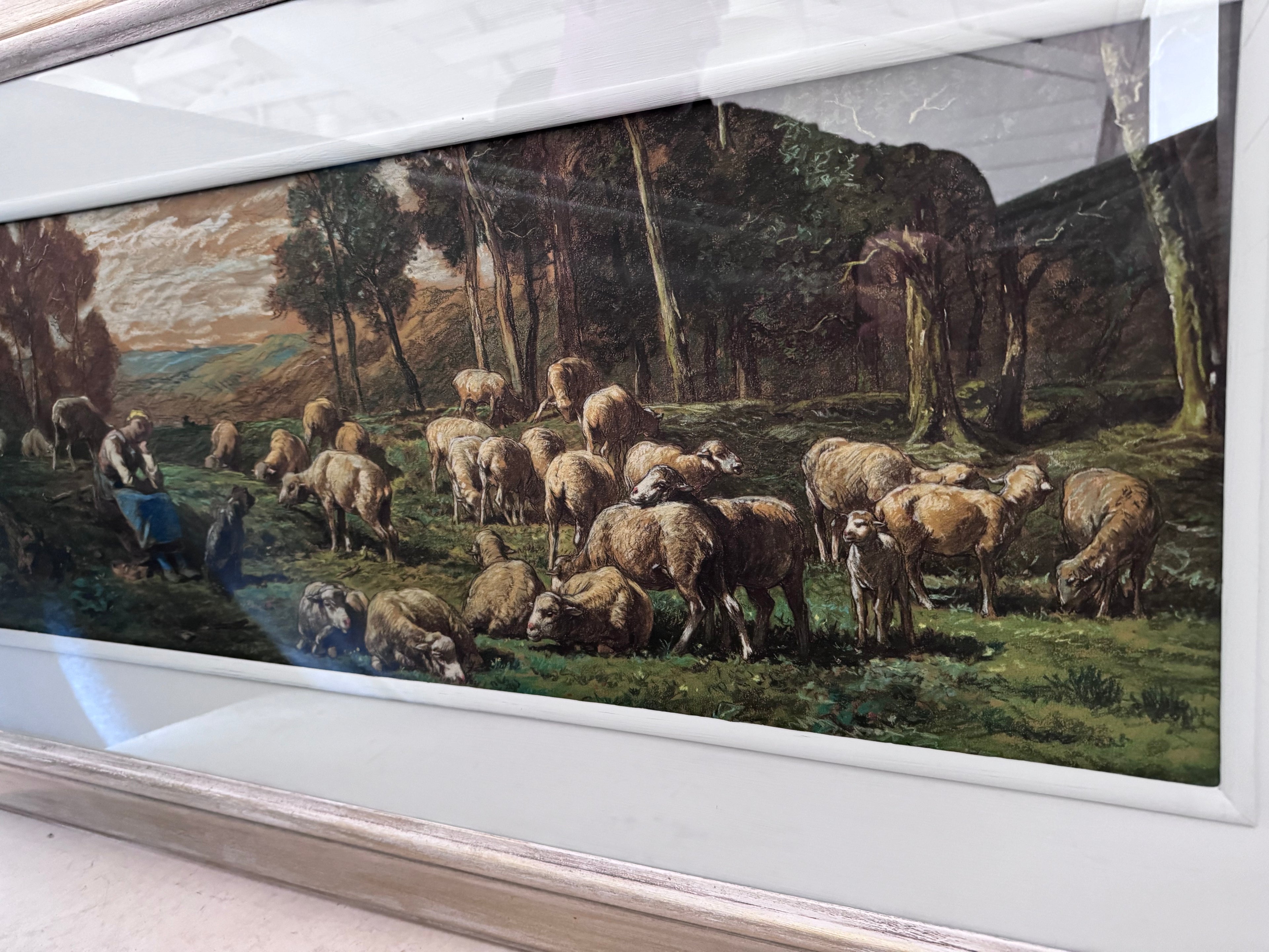 Framed canvas Print Pastoral Sheep In Field With Girl