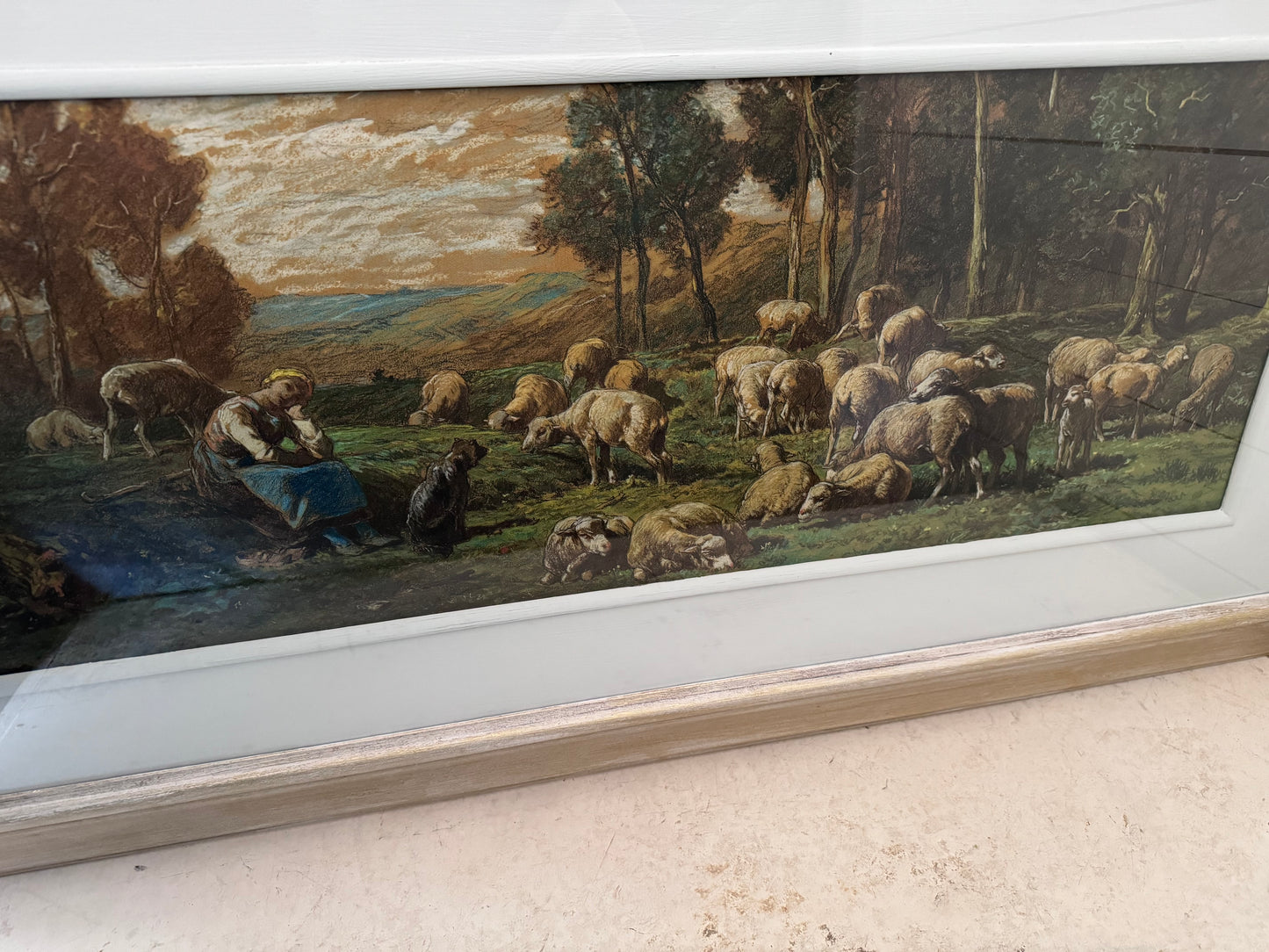 Framed canvas Print Pastoral Sheep In Field With Girl