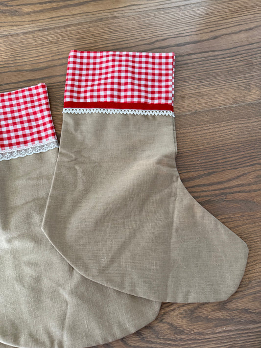 Handmade Stocking Red Gingham and Taupe - sold individually