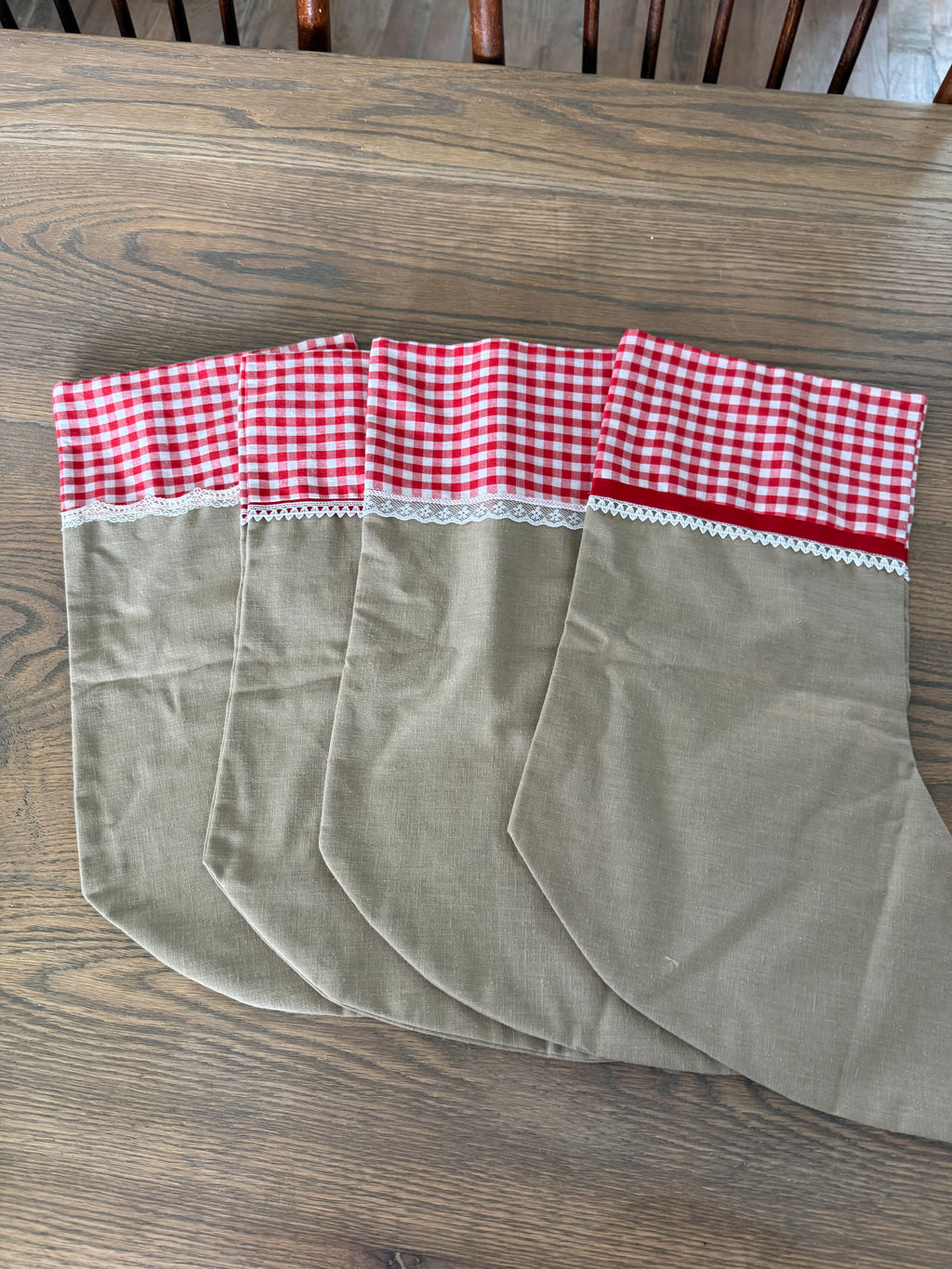 Handmade Stocking Red Gingham and Taupe - sold individually
