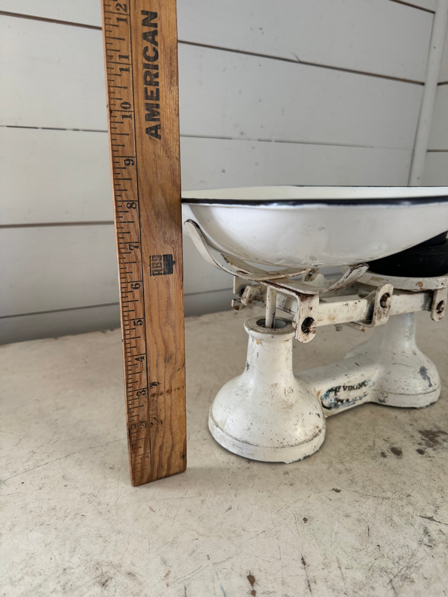 White Vintage Scale with weights and enamel bowl